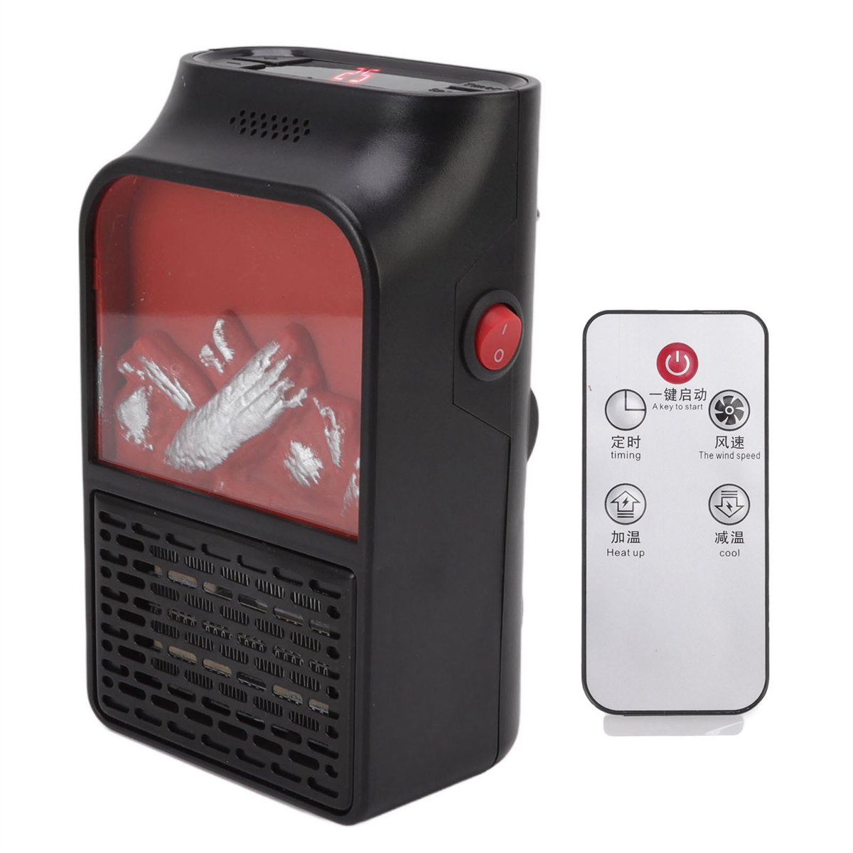 Ein schwarz-roter Elektro-Kaminofen mit Fernbedienung auf weißem Hintergrund.