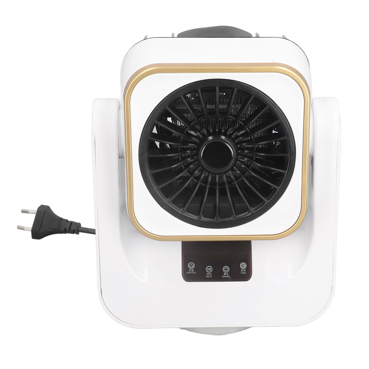Weißer und goldfarbener kleiner Ventilator. Schwarze Lüfterblätter im Inneren. Schwarzes Stromkabel. Weißer Hintergrund.