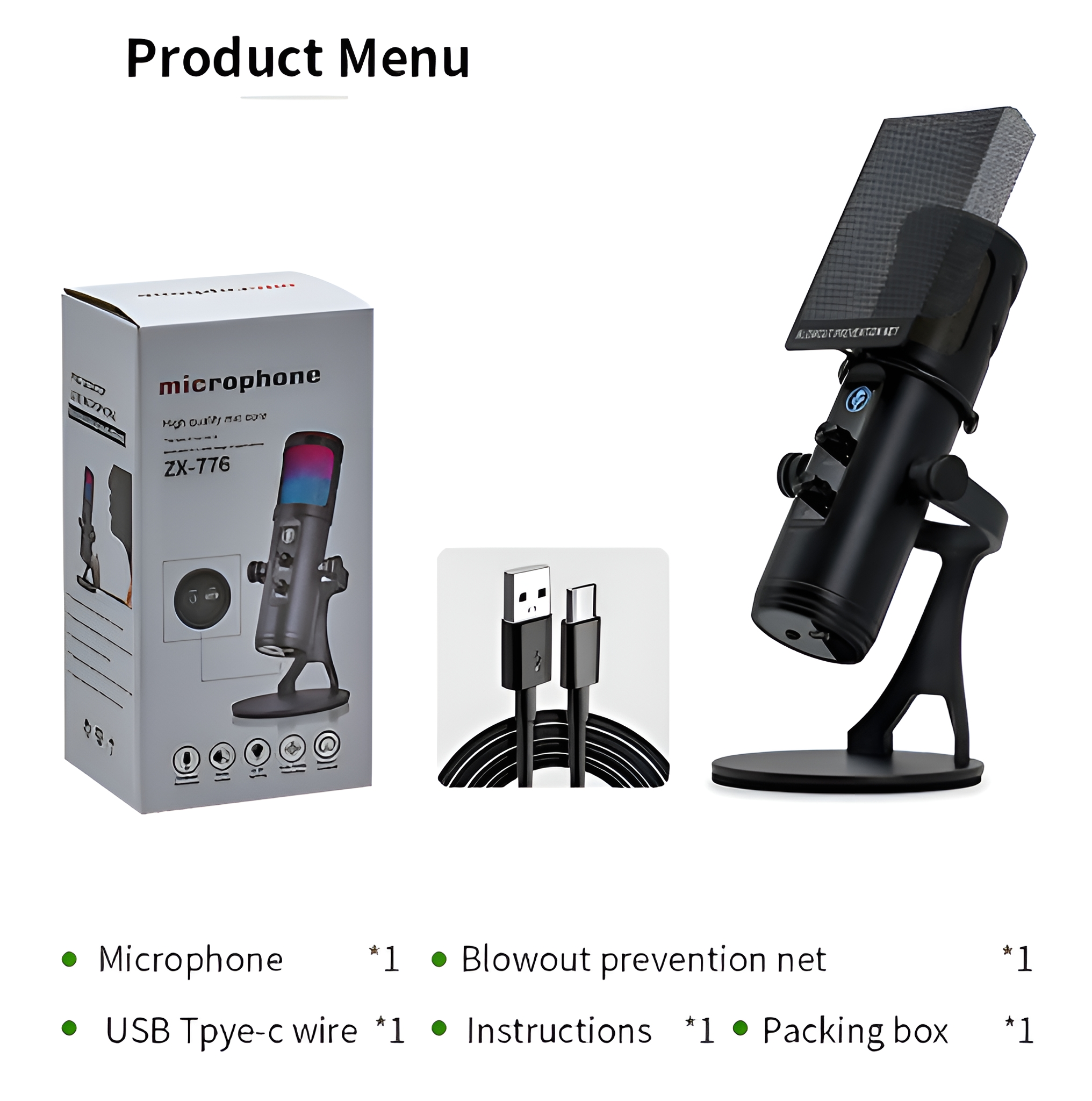 Ein Mikrofon-Produktmenü. Ein Mikrofon, Kabel und eine Verpackung sind sichtbar. Grün und Weiß sind Primärfarben.