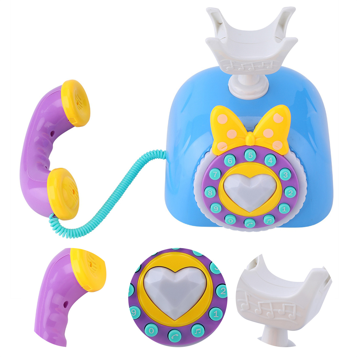 Ein Spielzeugtelefon mit blauem Sockel, lila Hörer und Knöpfen. Verschiedene Komponenten sind abgebildet.