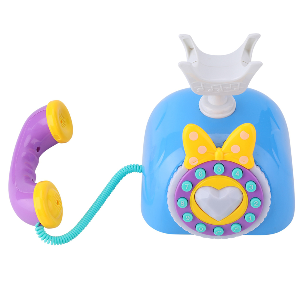 Blaues Spielzeugtelefon mit gelber Schleife, lila Hörer und Wählscheibe. Weißer Hintergrund.