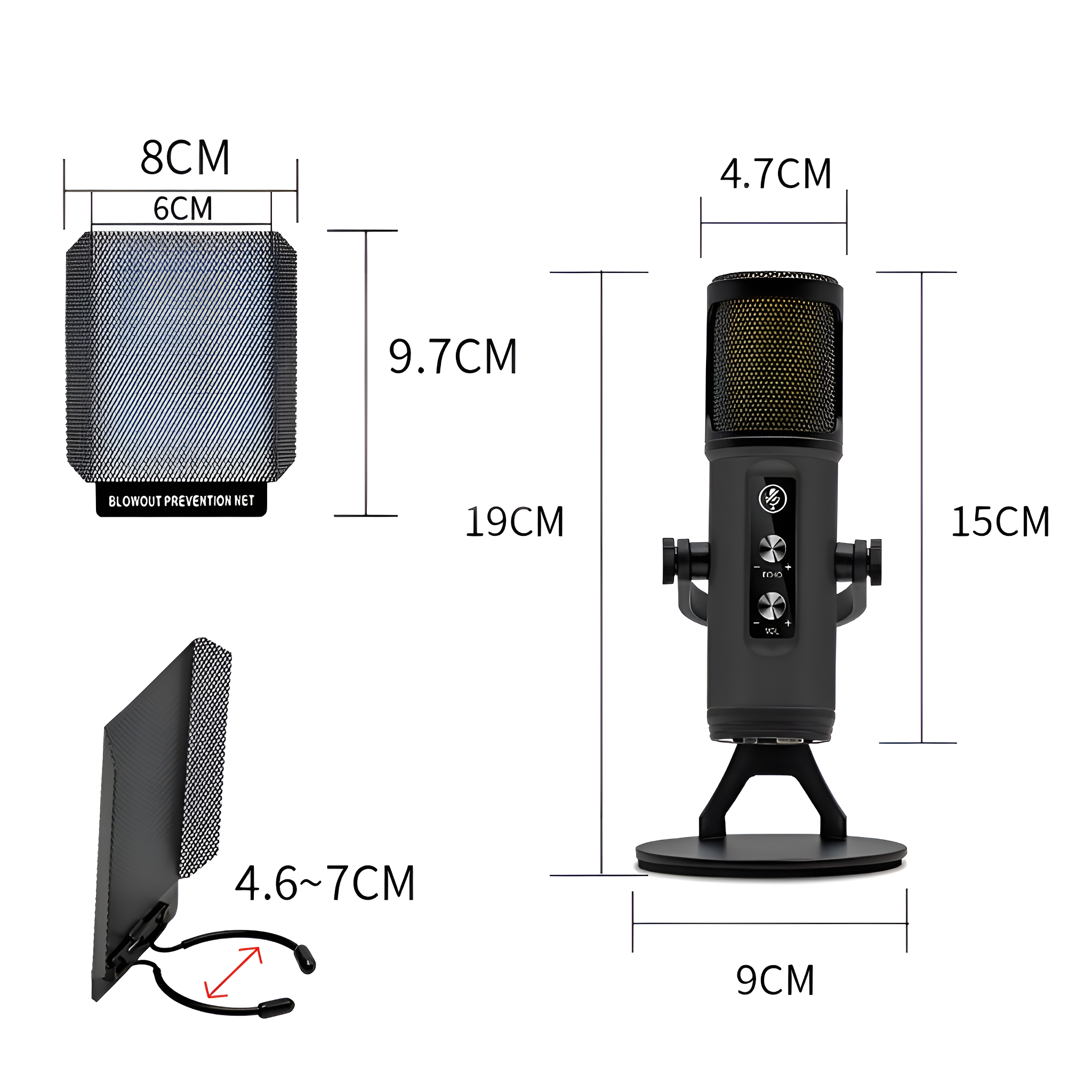 Schwarzes Mikrofon mit Abmessungen, Pop-Filter und Ständer. Das Mikrofon ist mit Maßen beschriftet.