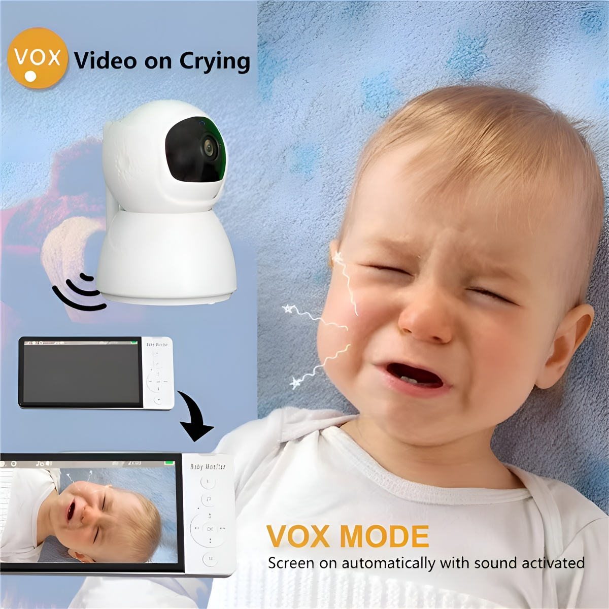 Weinendes Baby. Ein Babyphone zeigt das weinende Baby. VOX-Modus wird gezeigt.