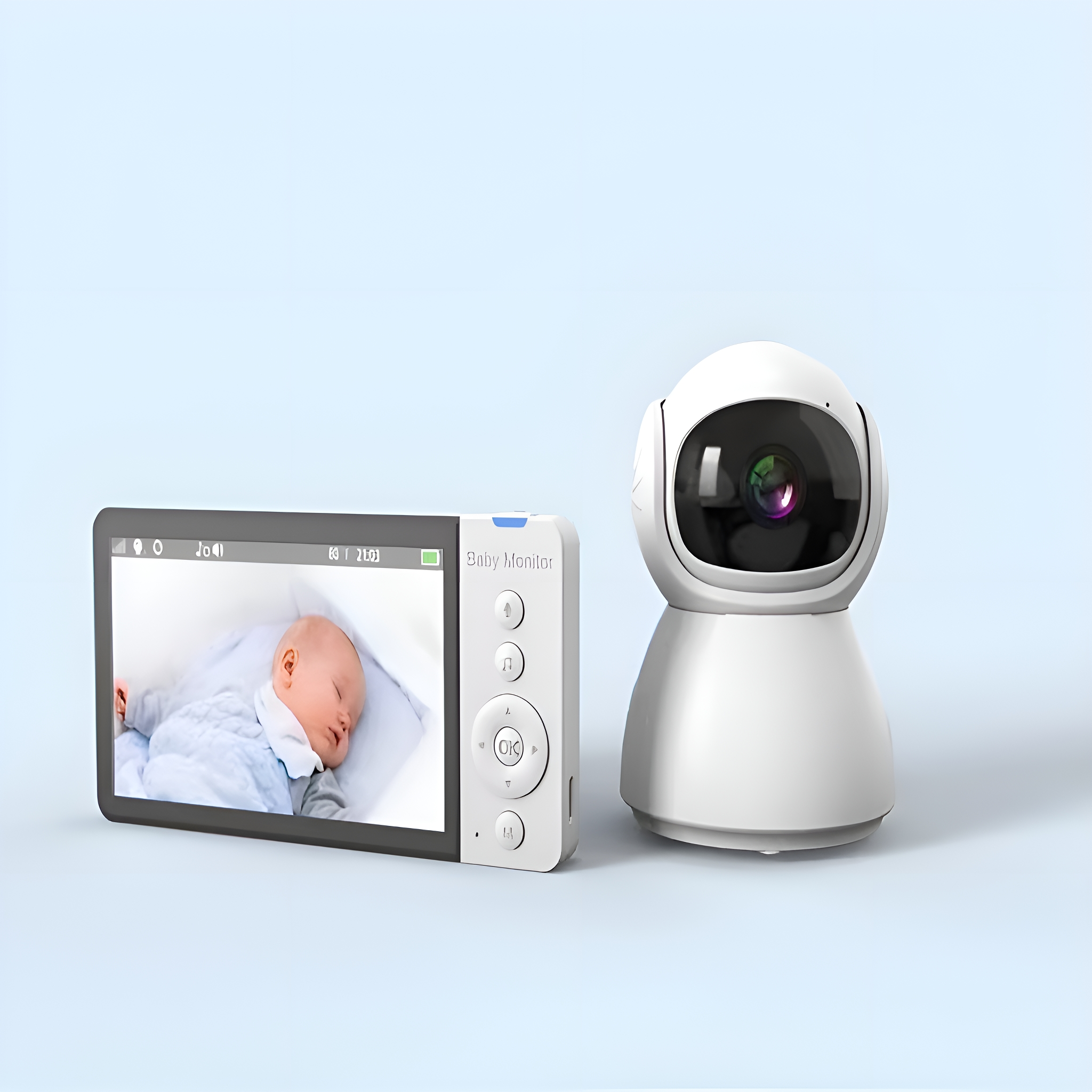 Babyphone mit Bildschirm, der ein schlafendes Baby zeigt, und eine Kameraeinheit.