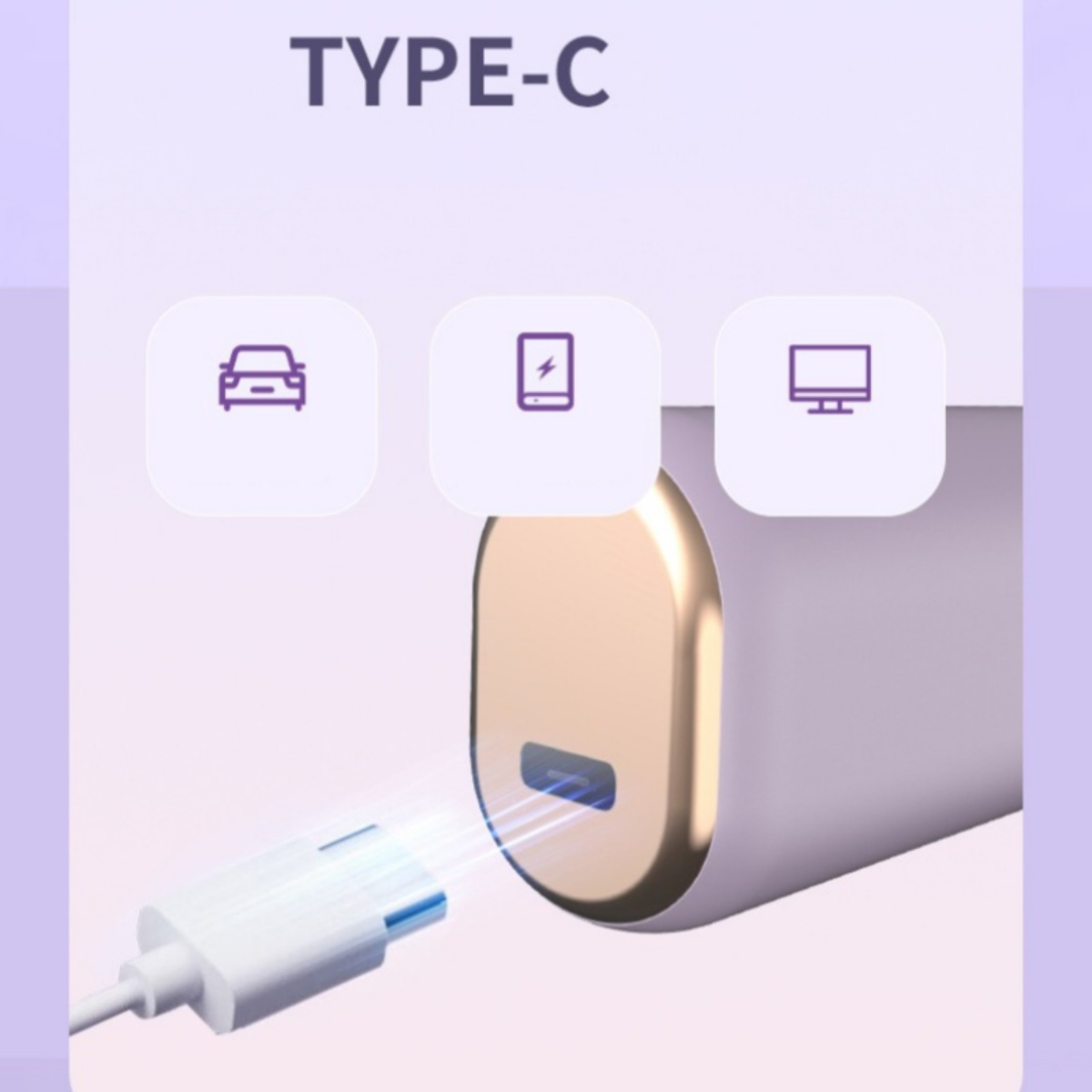 Ein weißes und goldenes Typ-C-Ladegerät mit Symbolen eines Autos, Telefons und Computers darüber.