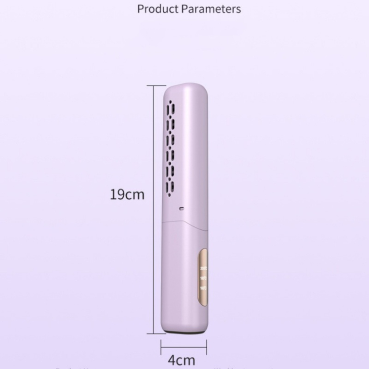 Lavendelfarbenes, rechteckiges Produkt mit Produktparametern. Das Produkt ist 19 cm hoch und 4 cm breit.