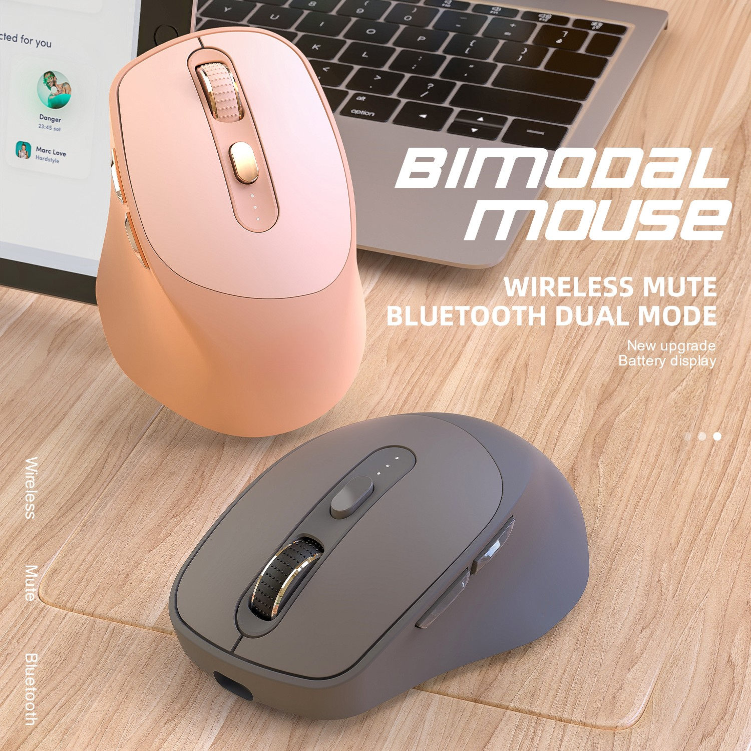 Zwei kabellose Computer-Mäuse. Eine ist rosa und die andere grau. Text beschreibt Bluetooth-Dual-Modus.