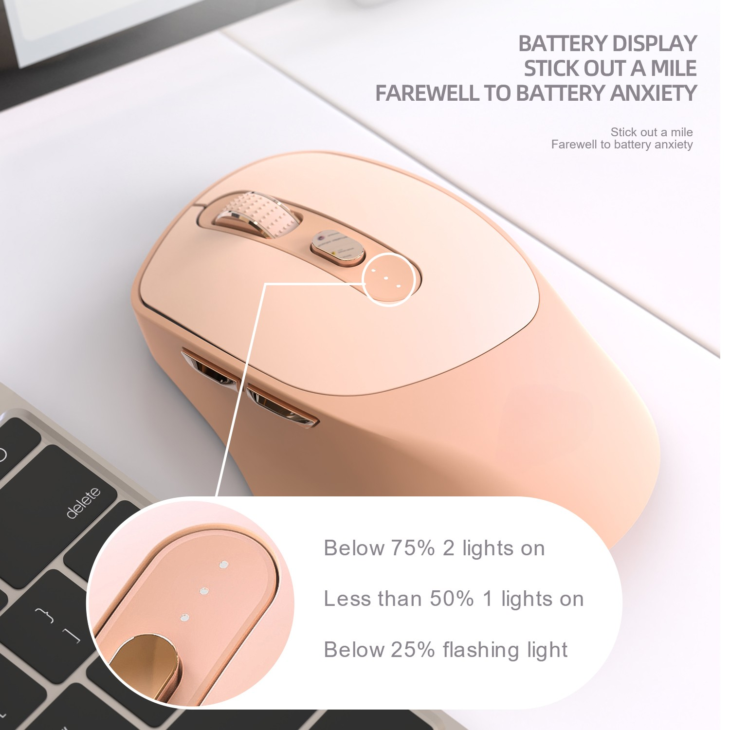 Drahtlose Maus in Pink und Weiß mit Batteriestandsanzeige.