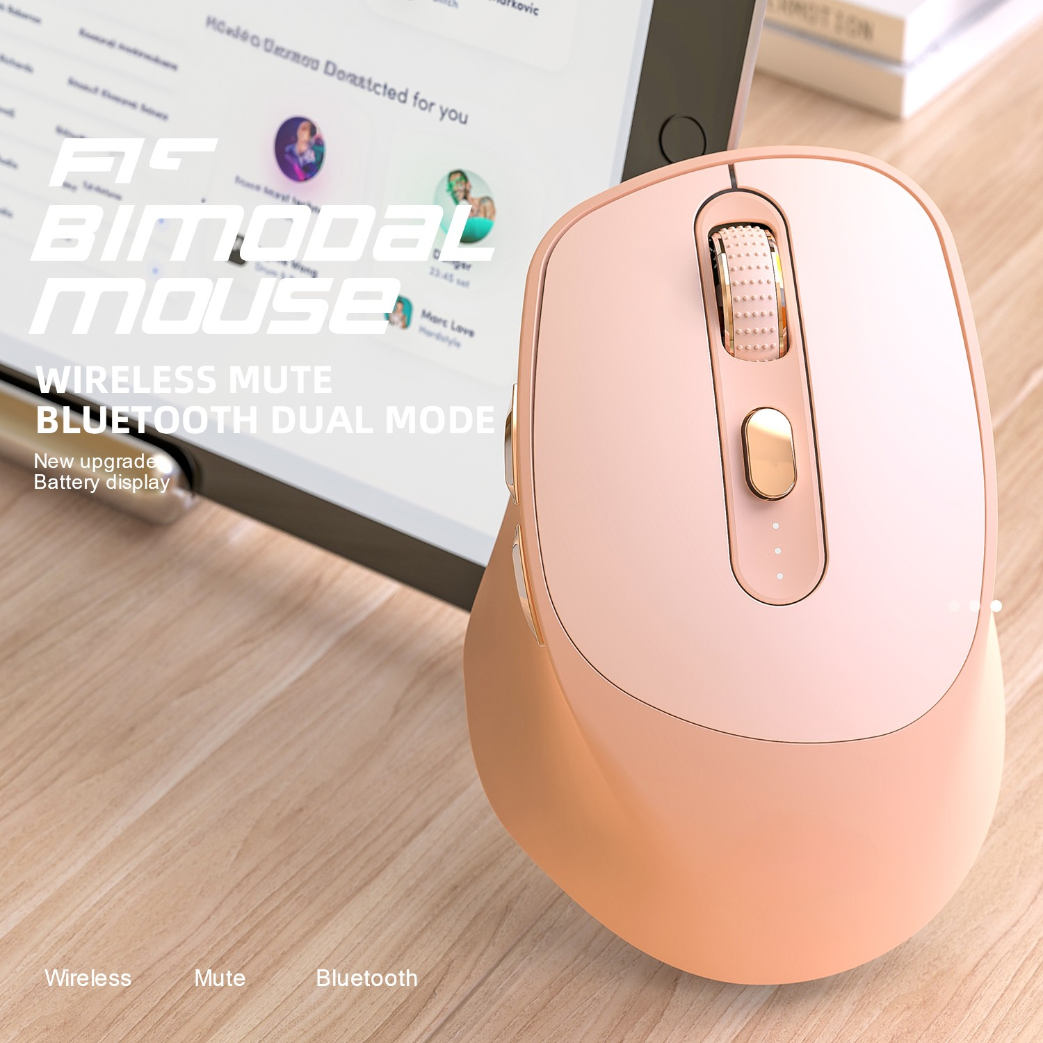 Eine rosa kabellose Maus mit Scrollrad und Taste liegt auf einer Holzoberfläche.