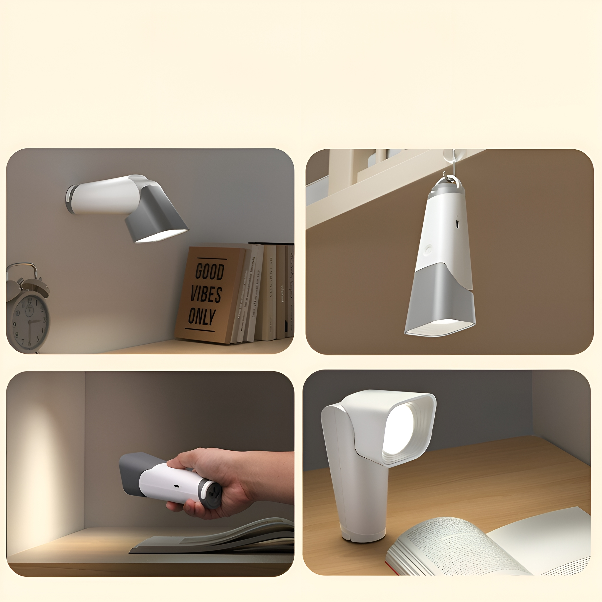 Vier Bilder einer weiß-grauen Lampe in verschiedenen Umgebungen und Positionen, mit Licht.