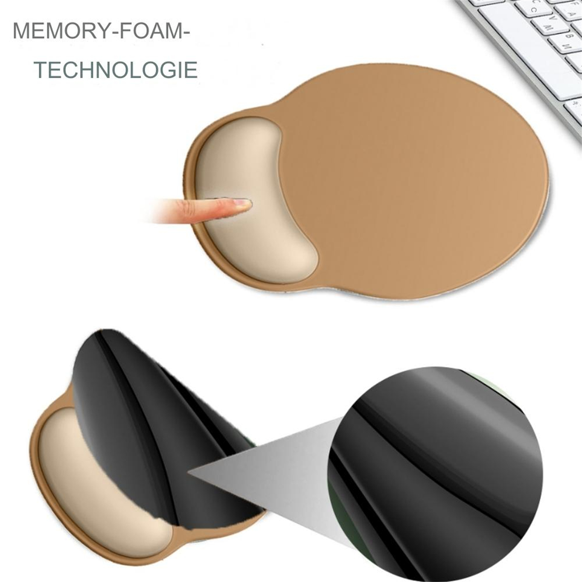 Beige ergonomisches Mauspads mit Handgelenkstütze und weiße Tastatur.