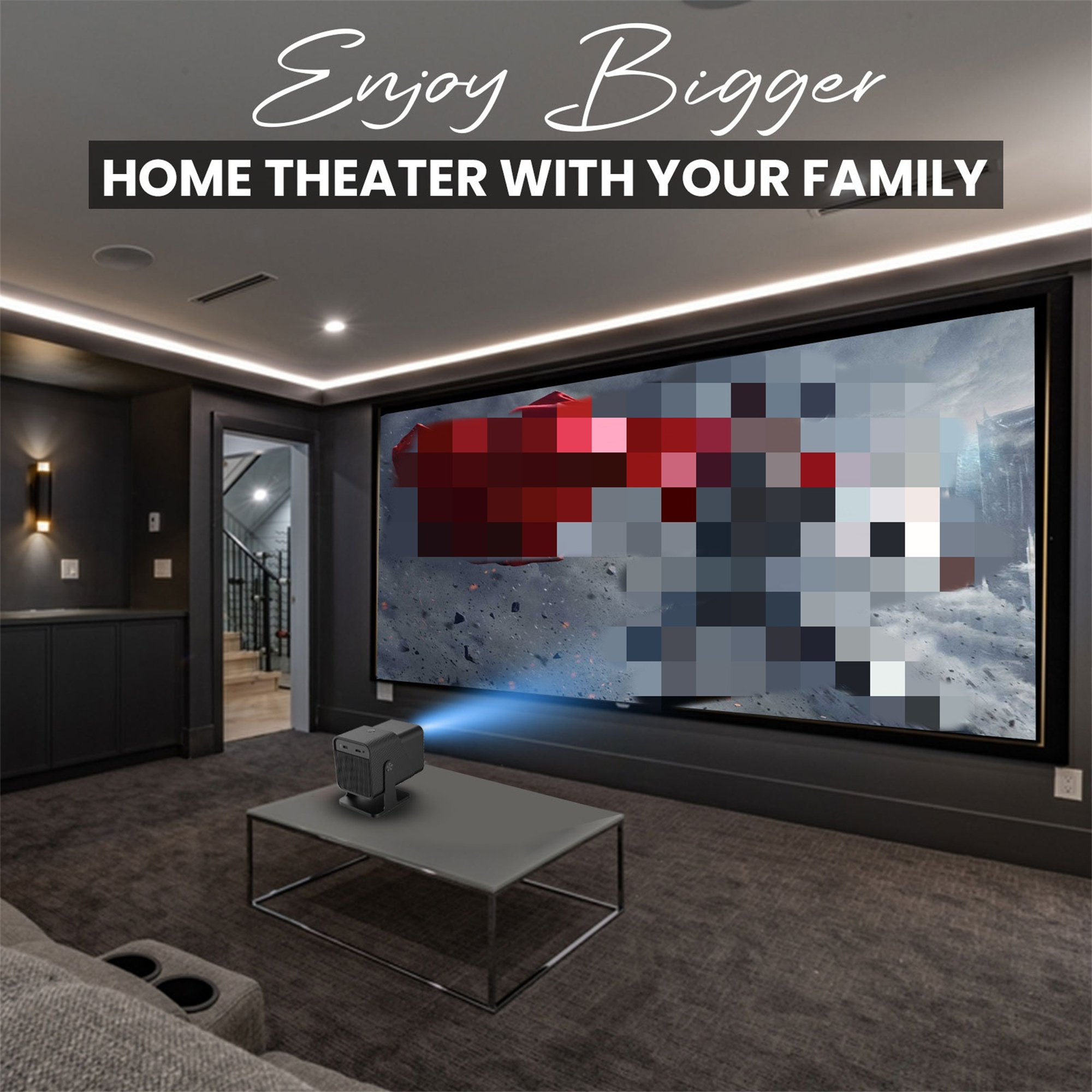 Heimkino mit einem Projektor, der ein verpixeltes Bild anzeigt. Text: 'Enjoy Bigger Home Theater with Your Family'.