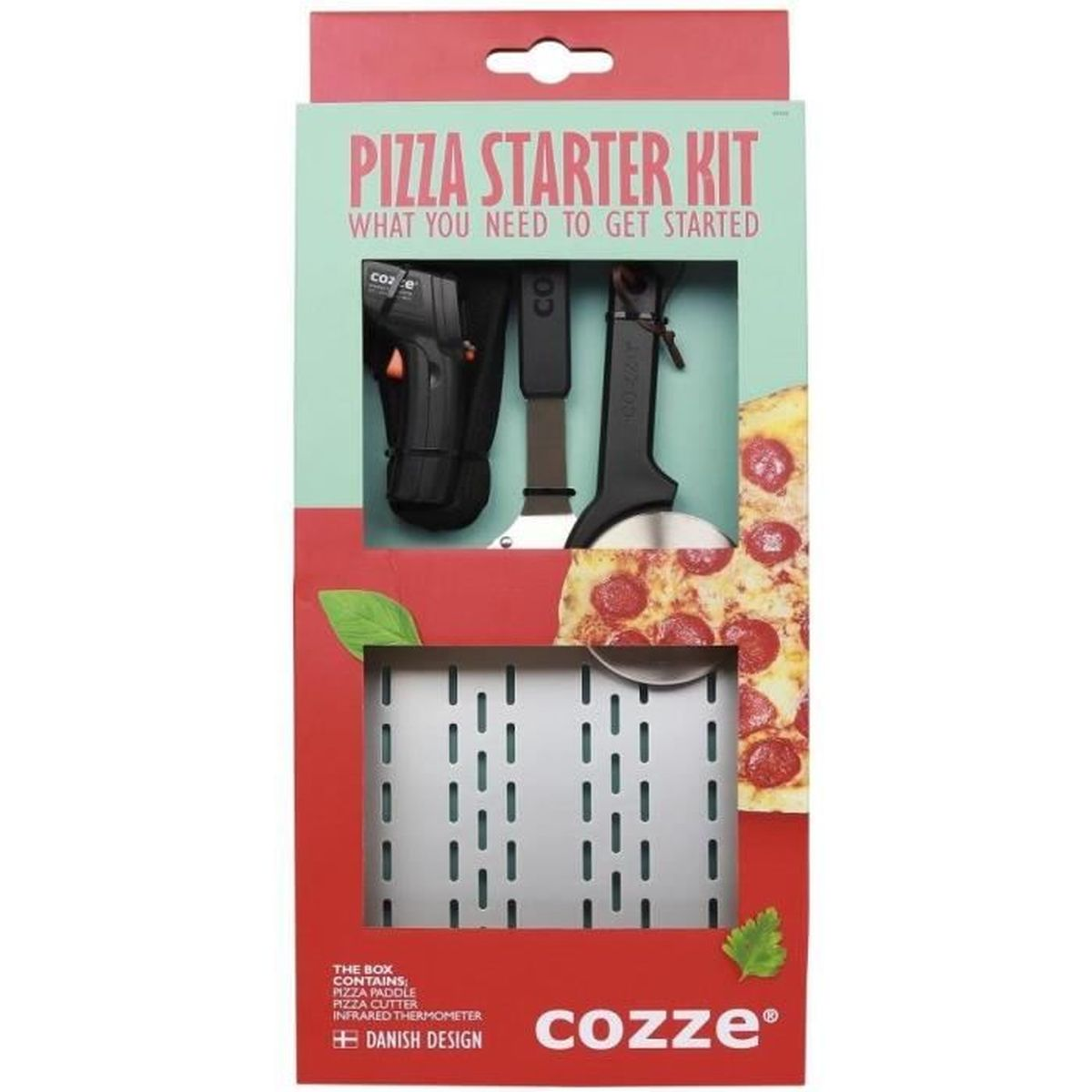 Pizza-Starter-Kit in einer Box. Enthält Pizzaschieber, Pizzaschneider und Infrarot-Thermometer.