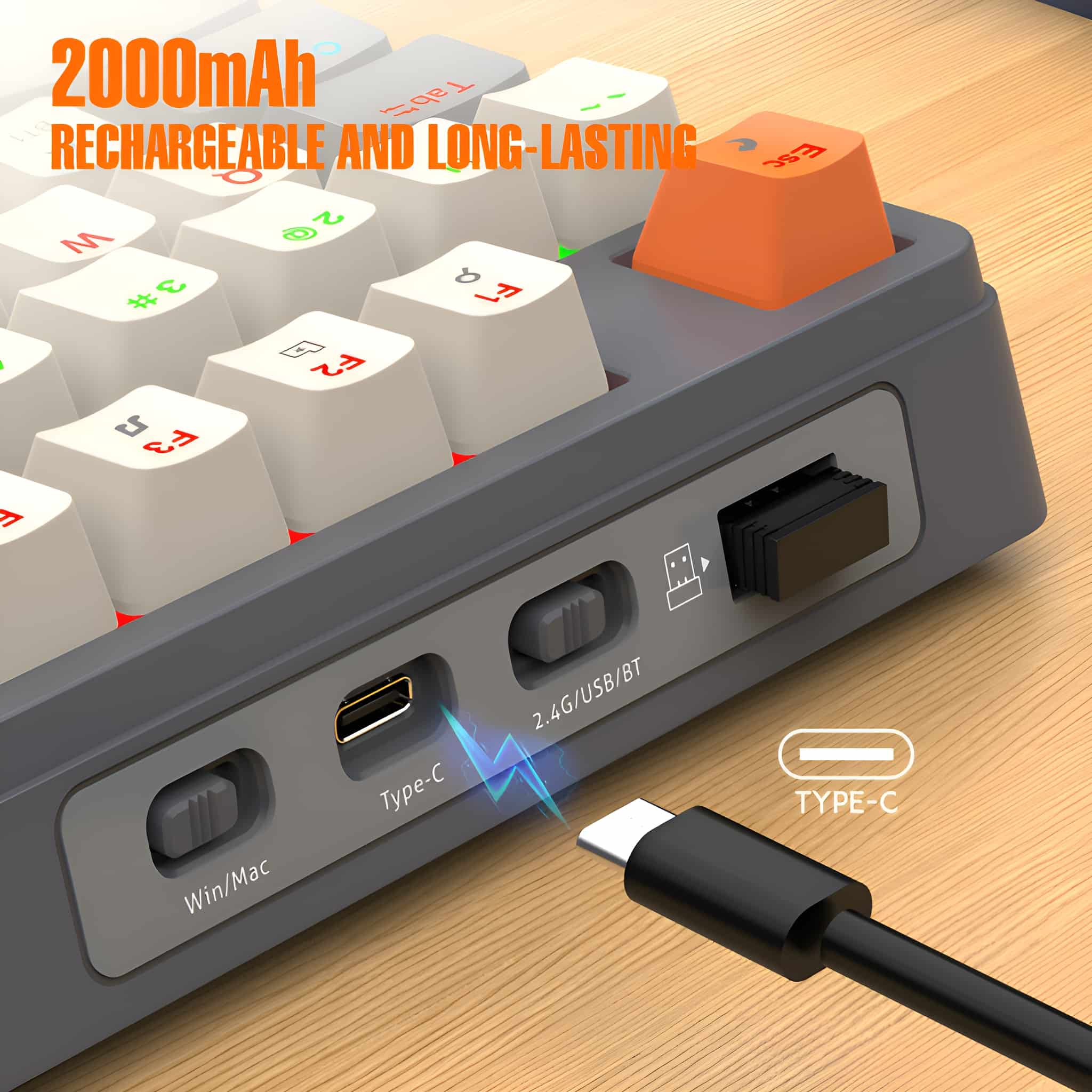 Nahaufnahme einer weißen Tastatur. Die Tastatur hat einen Typ-C-Anschluss und die USB/BT- und Win/Mac-Tasten.
