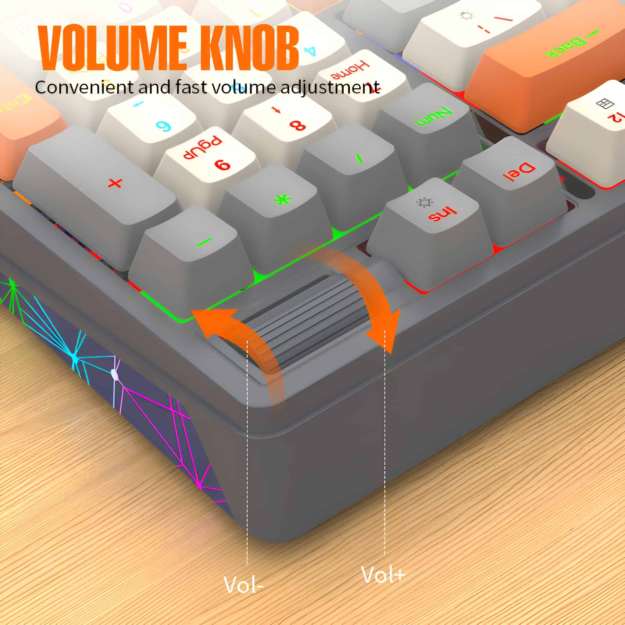 Nahaufnahme einer Tastatur. Lautstärkeregler hervorgehoben. Pfeile zeigen die Einstellrichtungen an.