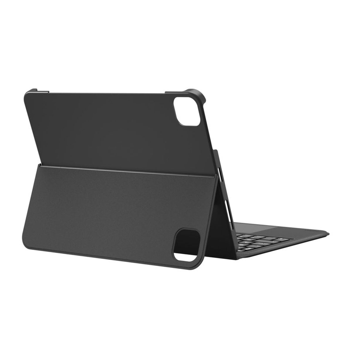 Schwarze Tastaturabdeckung mit Tablet in geöffneter Position. Design mit Aussparungen.