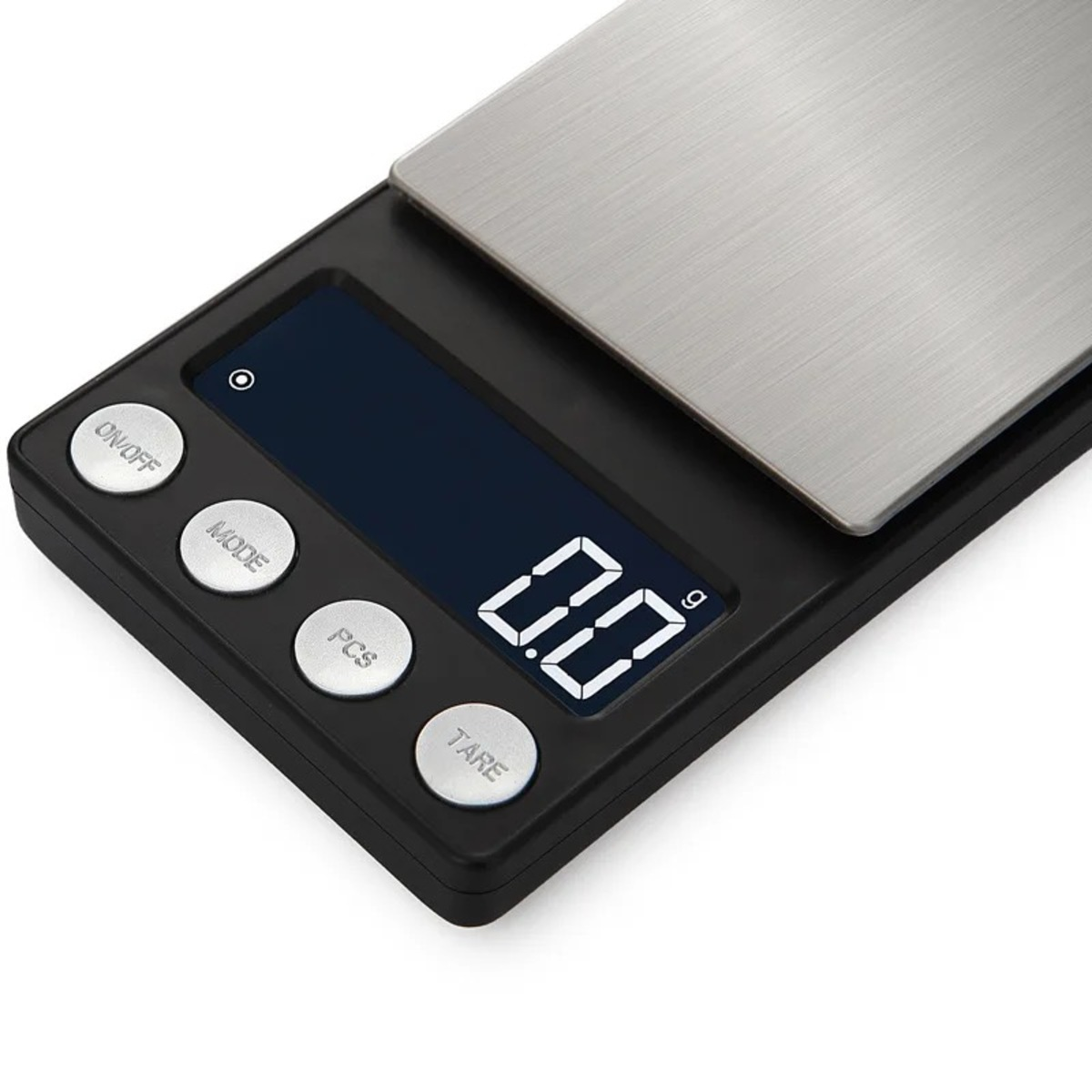 Schwarze Digitalwaage mit Knöpfen und einer Anzeige, die 0,0 g zeigt. Die Oberfläche ist Edelstahl.