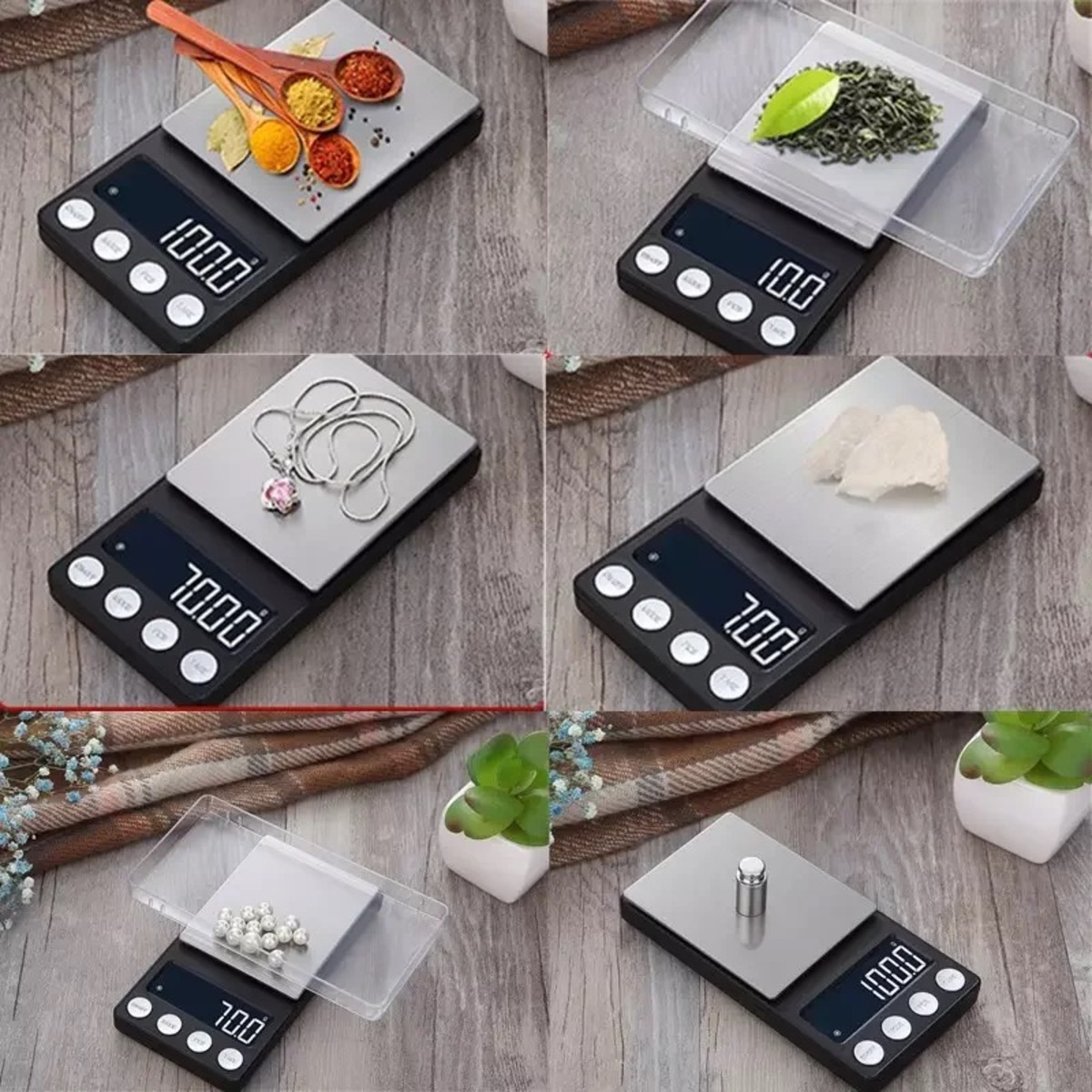 Digitale Waage mit verschiedenen Artikeln: Gewürze, Teeblätter, Schmuck und unbekannte Objekte.