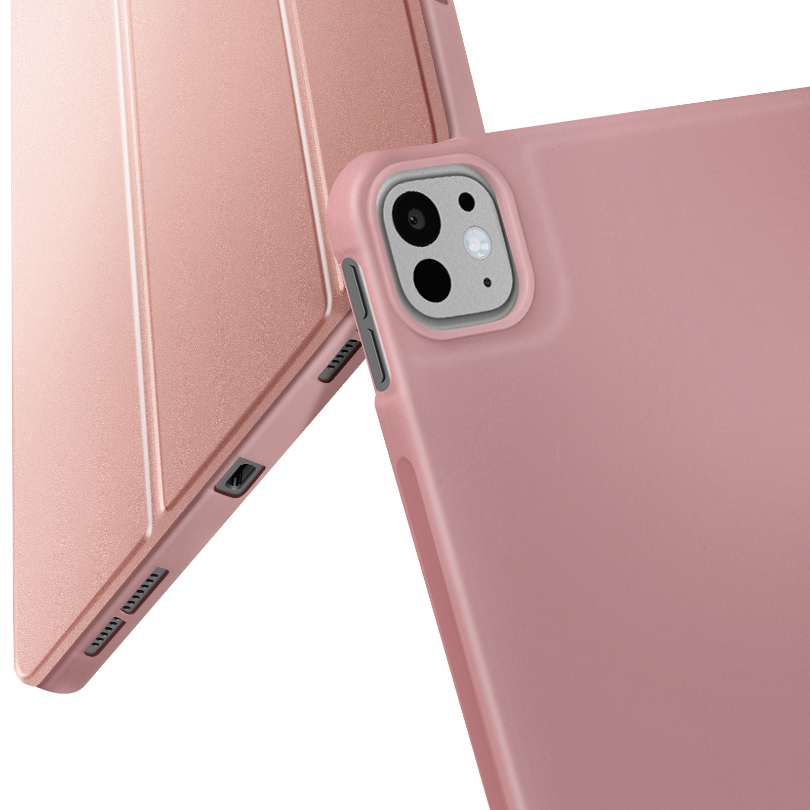 Custodia per tablet rosa, con la fotocamera visibile in alto a destra.
