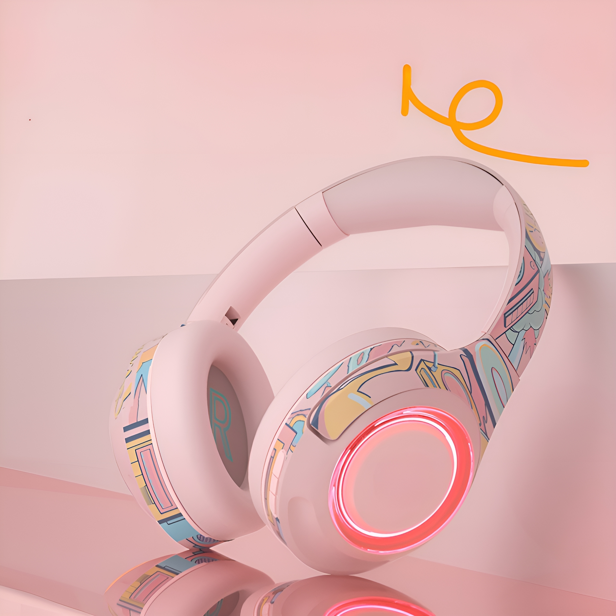 Pinke Kopfhörer mit buntem Graffiti-Design und einem leuchtenden roten Licht.