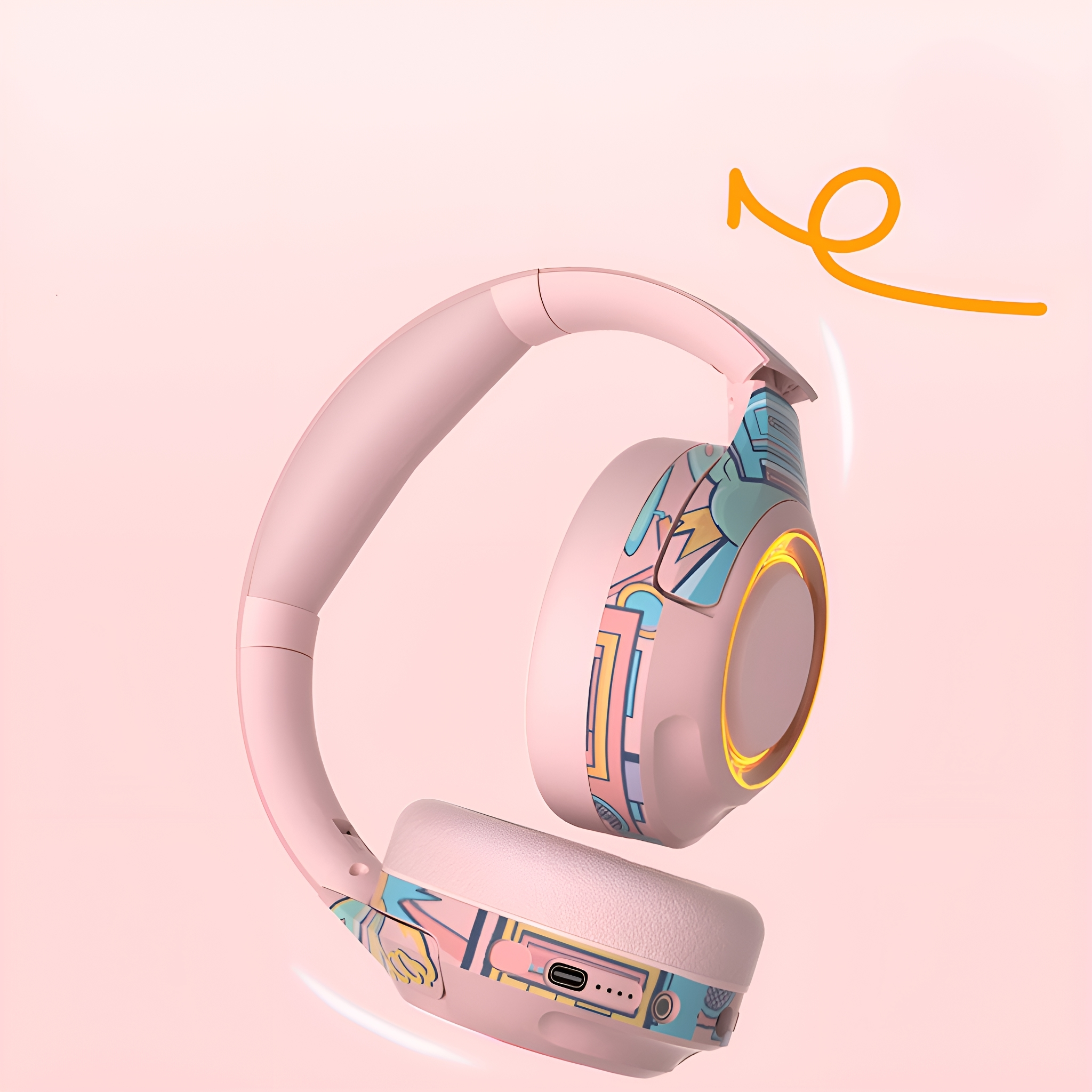 Rosa Kopfhörer mit bunten Designdetails. Eine orangefarbene Wirbelgrafik befindet sich oben rechts.