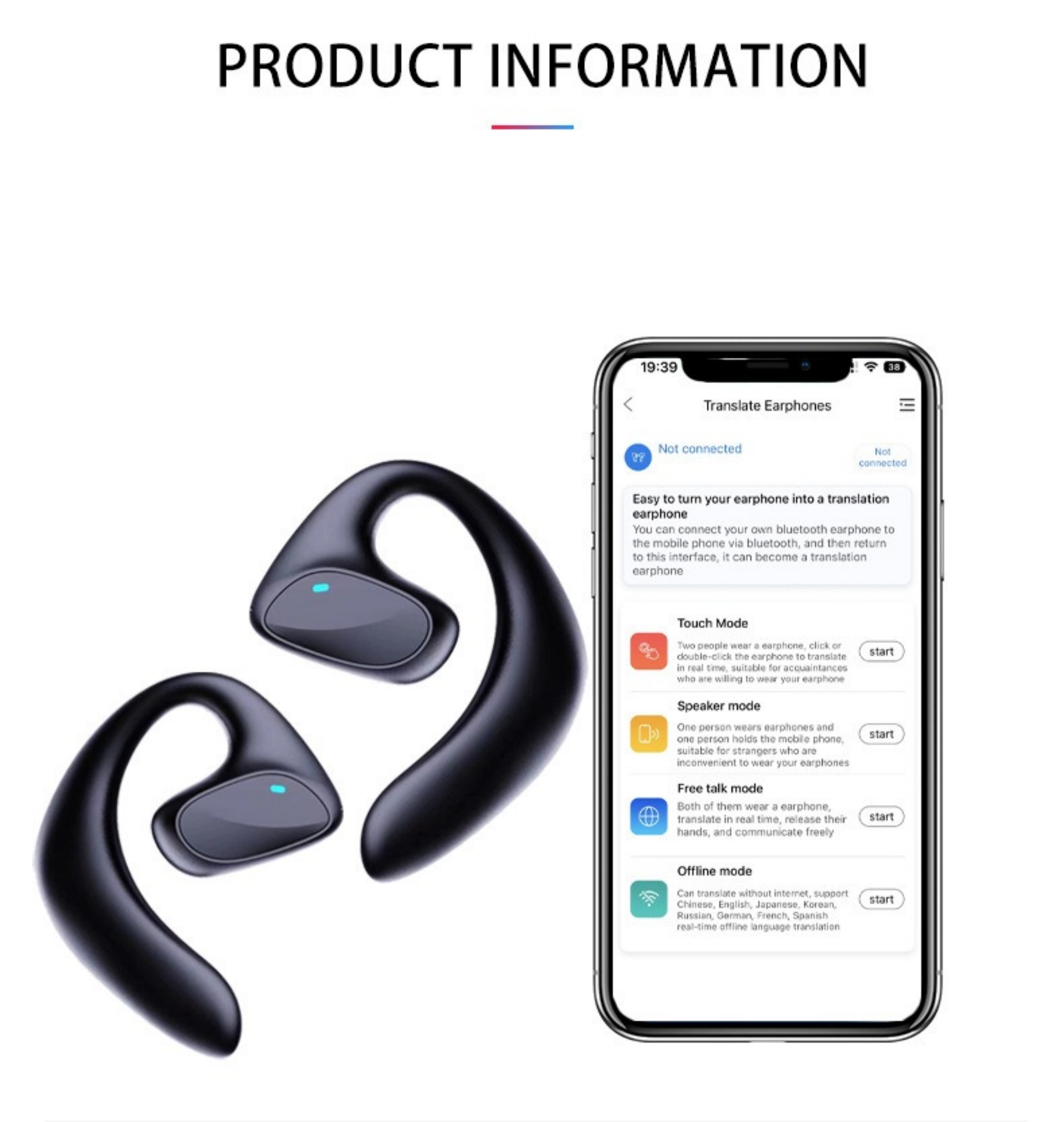 Schwarze kabellose Ohrhörer und ein Telefon, das die App-Oberfläche zeigt. Text: 'Translate Earphones'. Telefon ist schwarz.