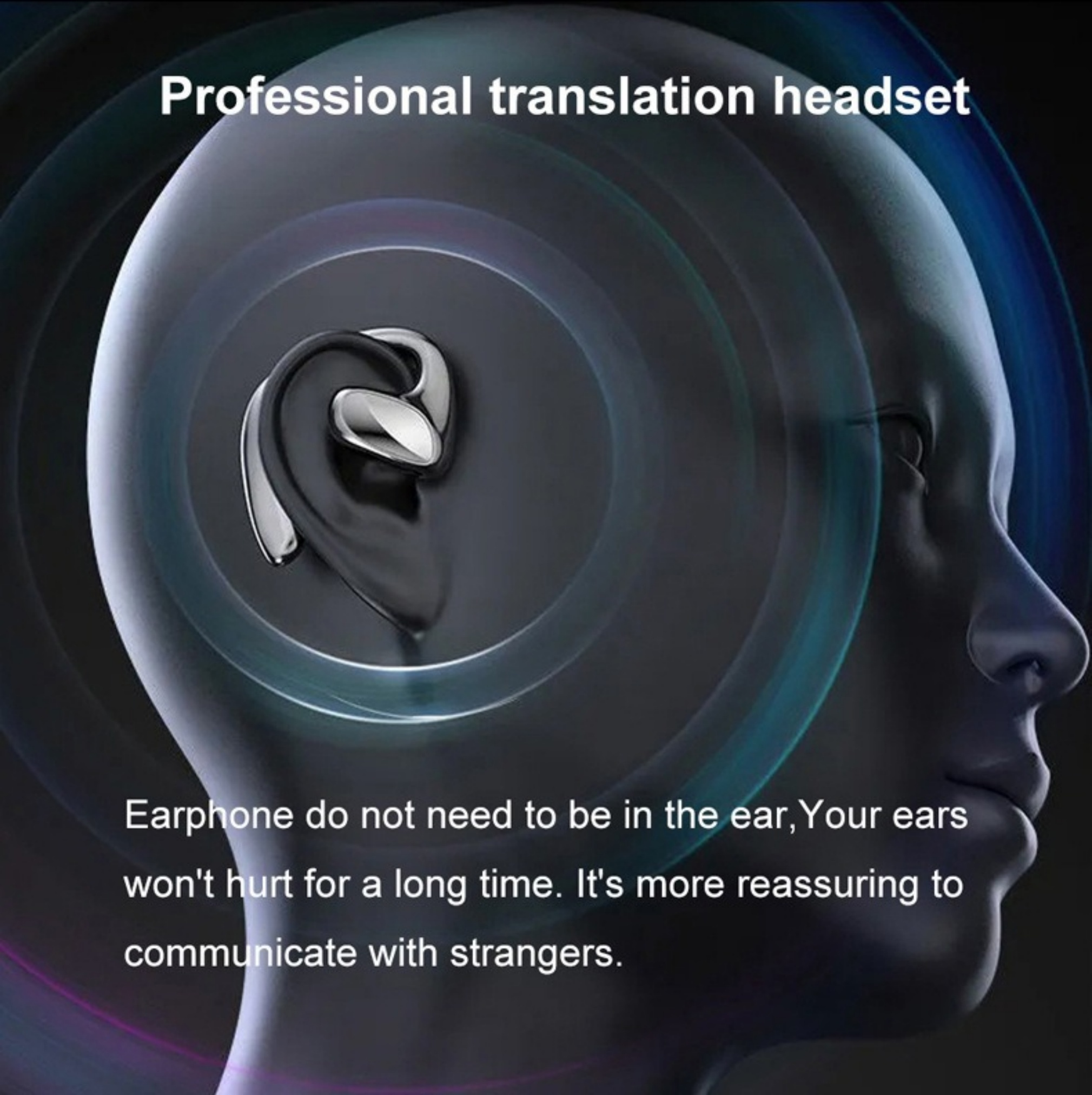 Kopfhörer auf einem menschlichen Profil. Professionelles Übersetzungs-Headset.