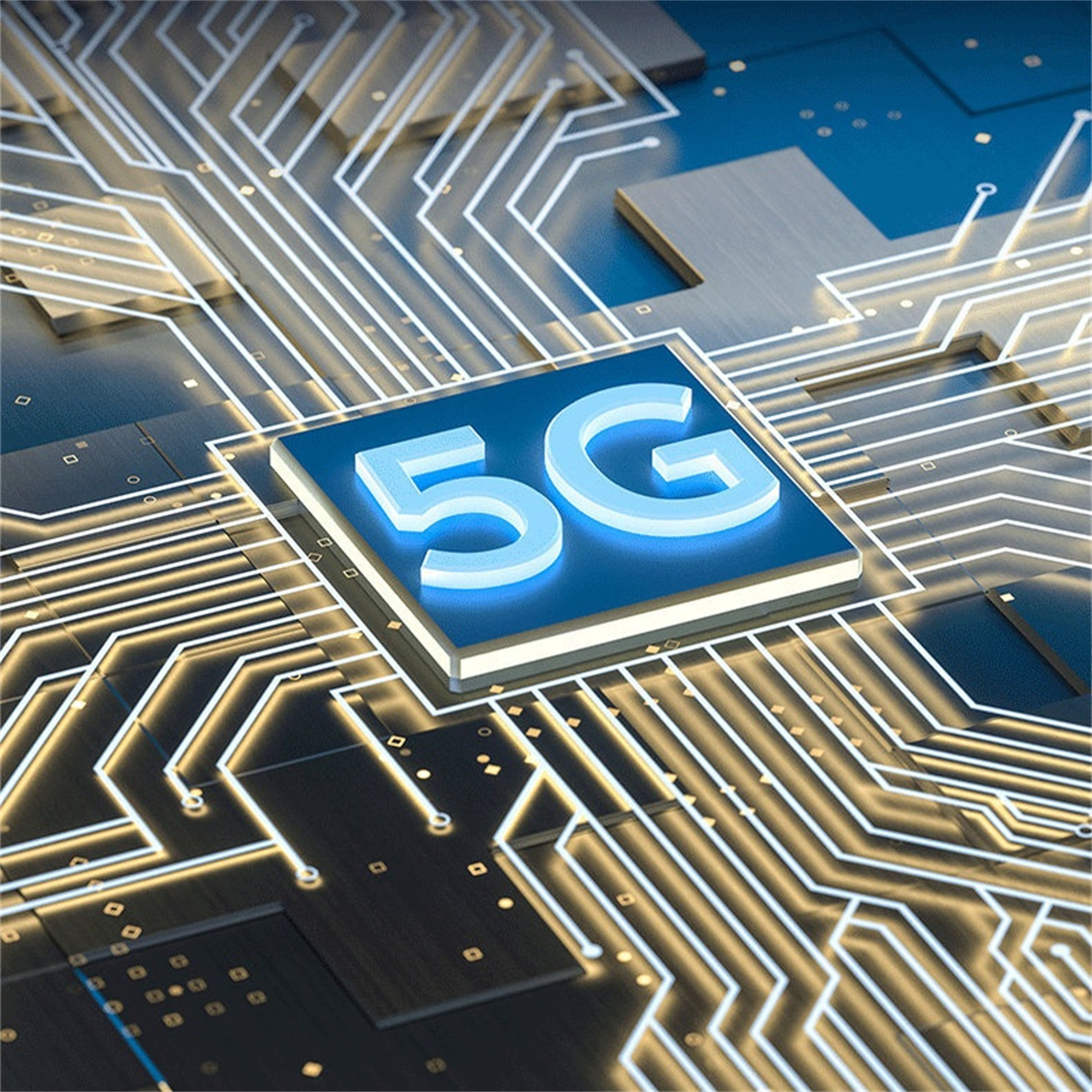 Eine digitale Leiterplatte mit 5G-Logo. Weiße Linien und ein blaues Quadrat.