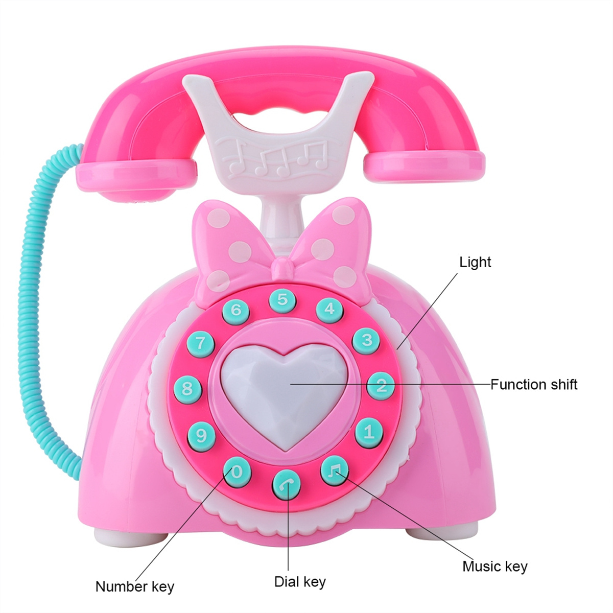 Ein rosa Spielzeugtelefon mit Schleife. Es hat Zifferntasten und beschriftete Tasten. Der Hörer ist oben.