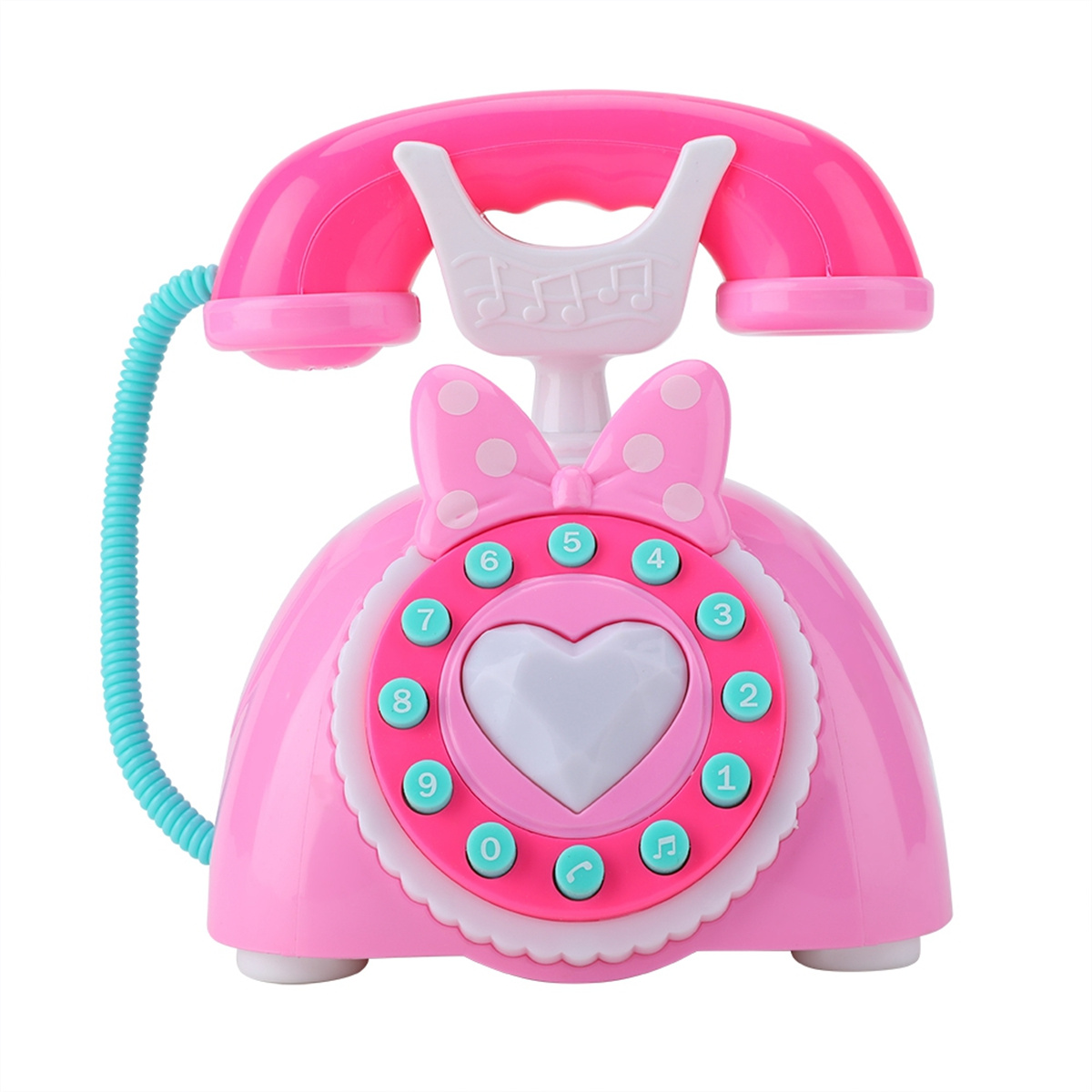 Rosa Spielzeugtelefon mit Schleife und herzförmiger Mitte. Es hat ein blaues Kabel.