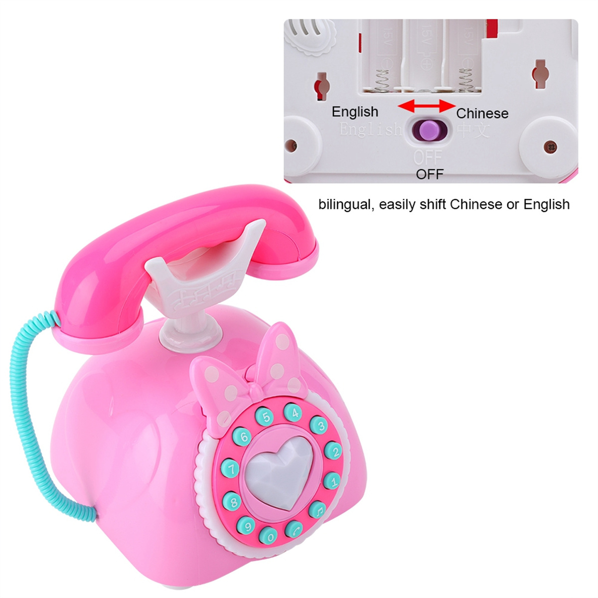 Pinkes Spielzeugtelefon mit Minnie-Maus-Schleife und Knöpfen. Text: 'zweisprachig, einfach Chinesisch oder Englisch wechseln'.