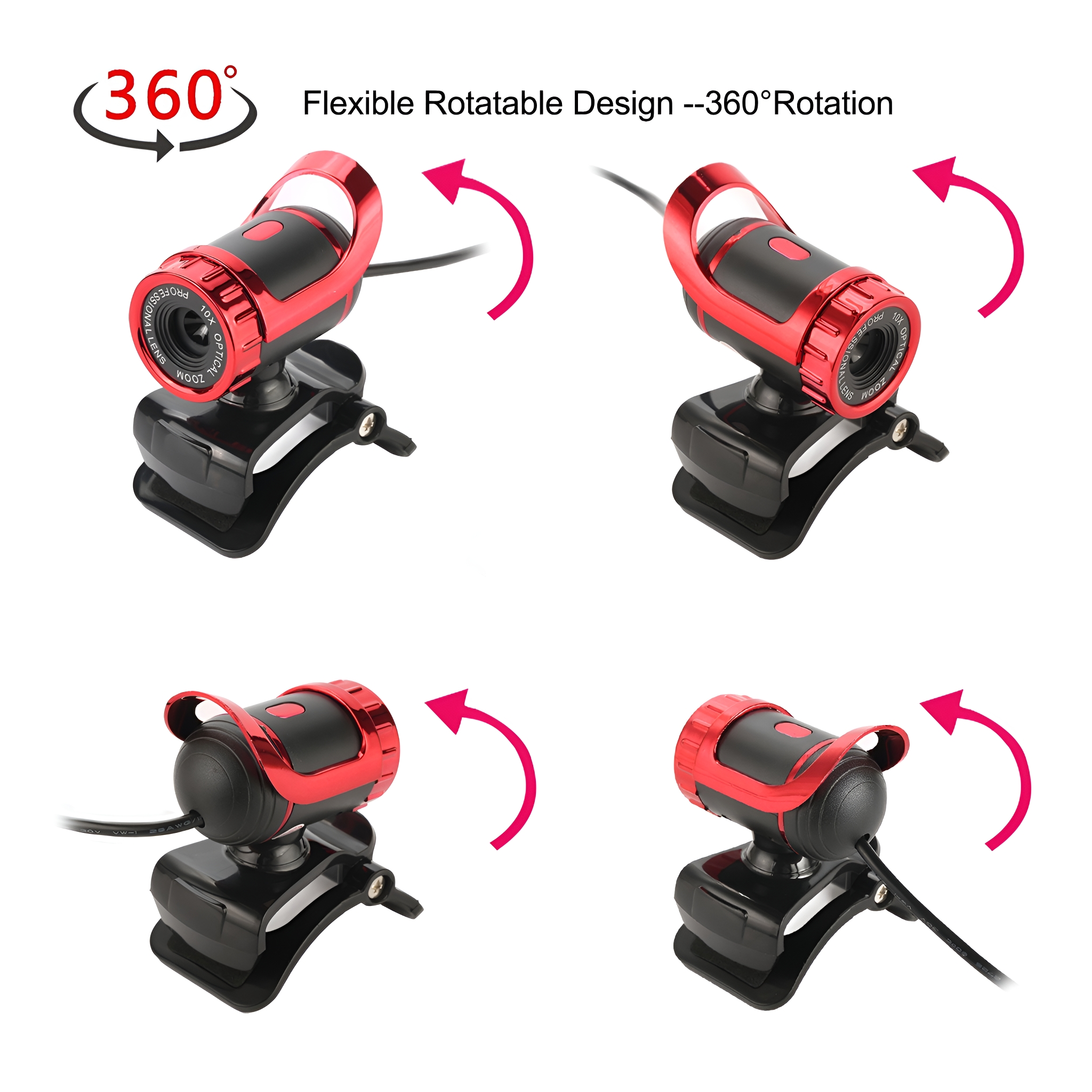 Rote und schwarze Webcam mit 360-Grad-Drehdesign, vier verschiedene Ansichten.