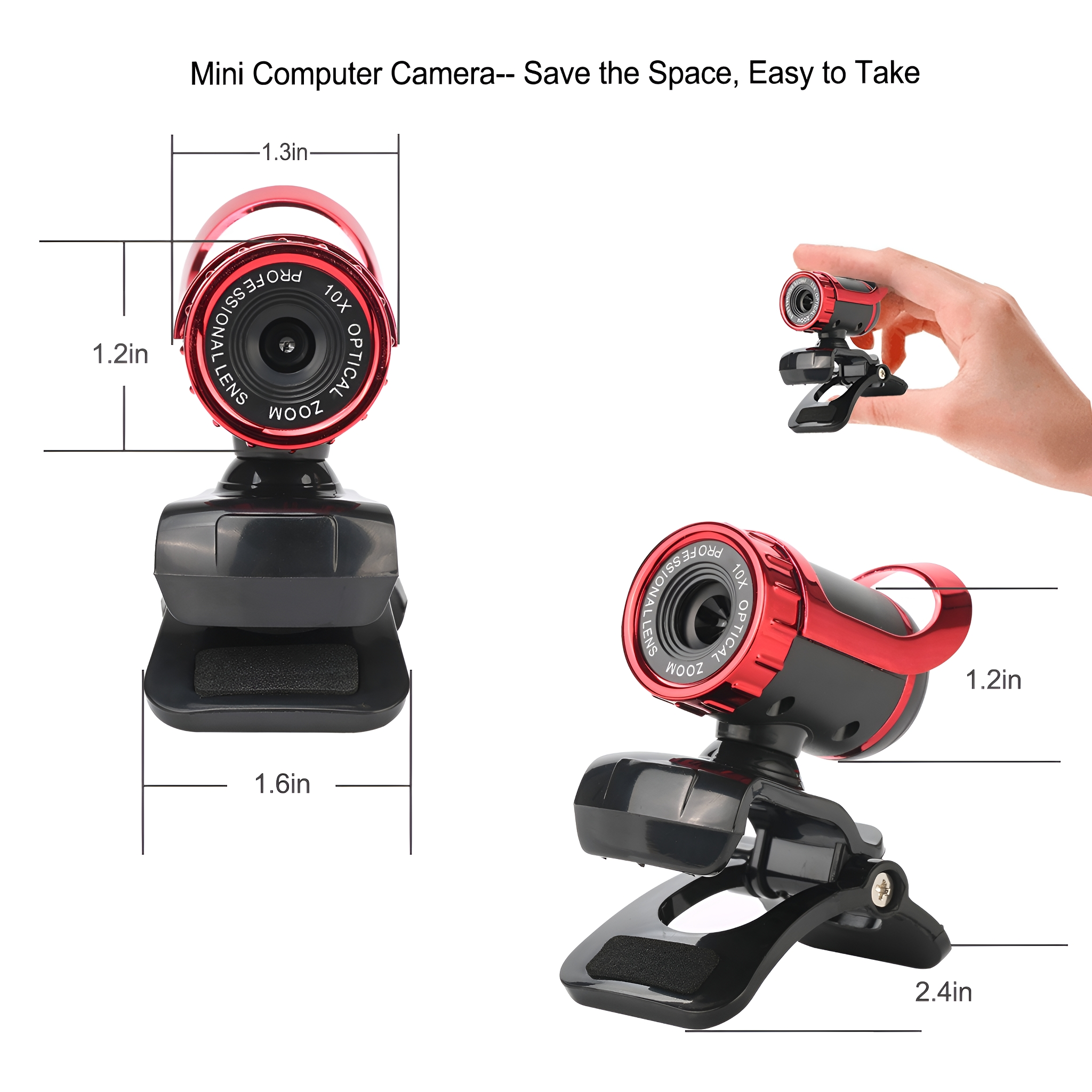 Mini-Computerkamera in Rot und Schwarz, mit Abmessungen. Enthält ein Zoomobjektiv und mehrere Blickwinkel.