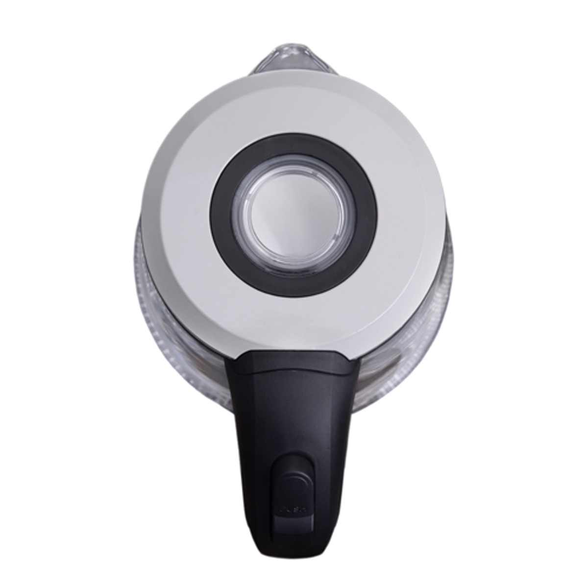 Czajnik, widok z góry. Biała góra z czarnym uchwytem i czarną podstawą.