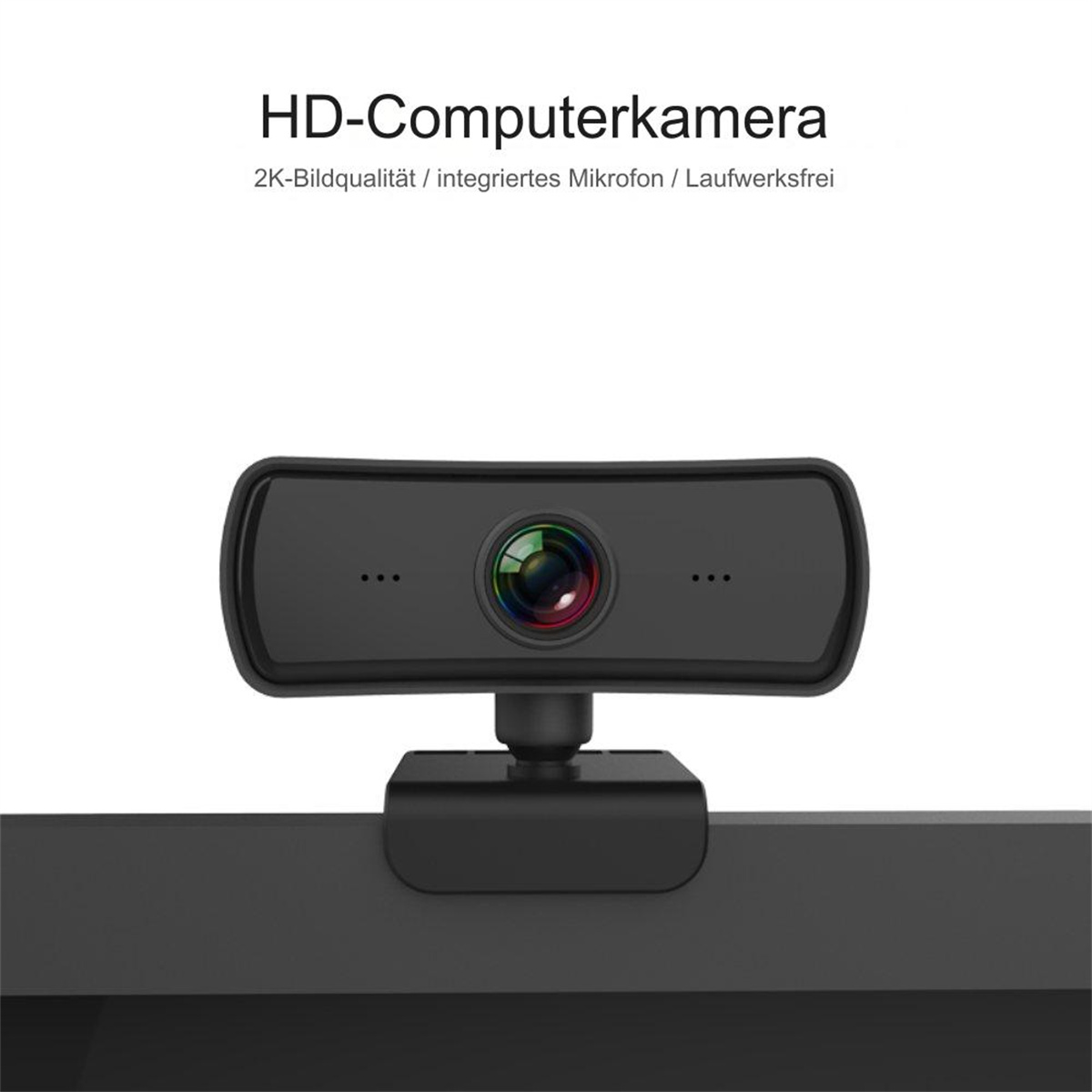 Eine schwarze Webcam auf einer schwarzen Oberfläche. Die Webcam hat eine Linse und einen Ständer.