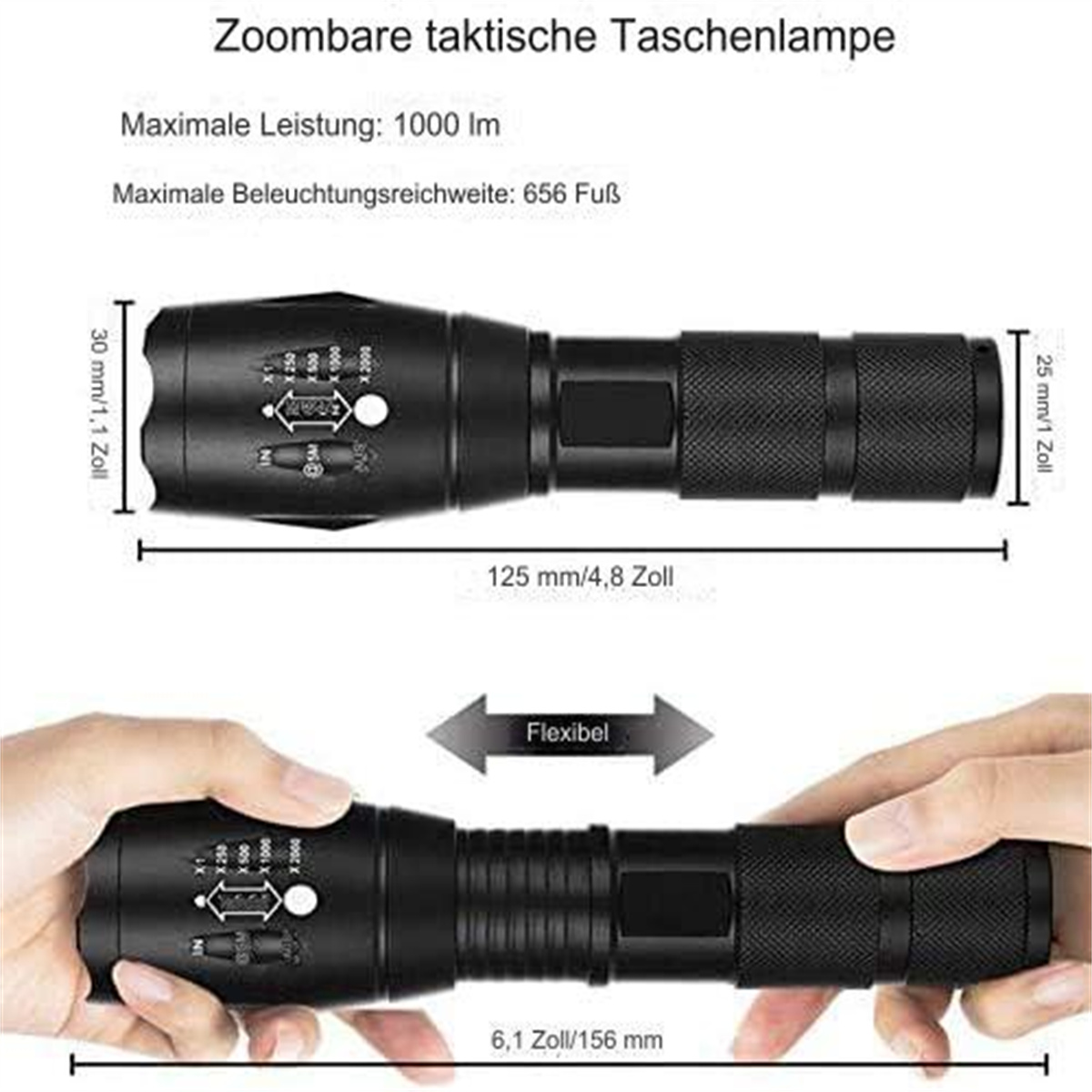 Eine schwarze Taschenlampe mit Abmessungen und eine Person, die sie hält. Weißer Hintergrund.