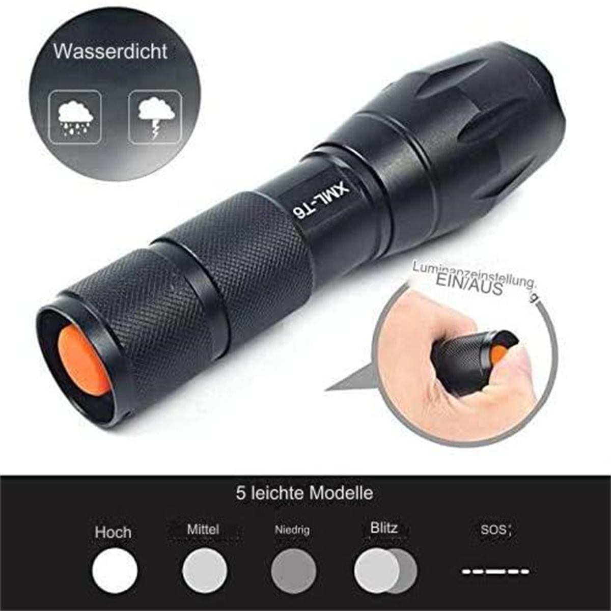 Schwarze Taschenlampe mit orangefarbenen Details und Hand beim Einschalten.