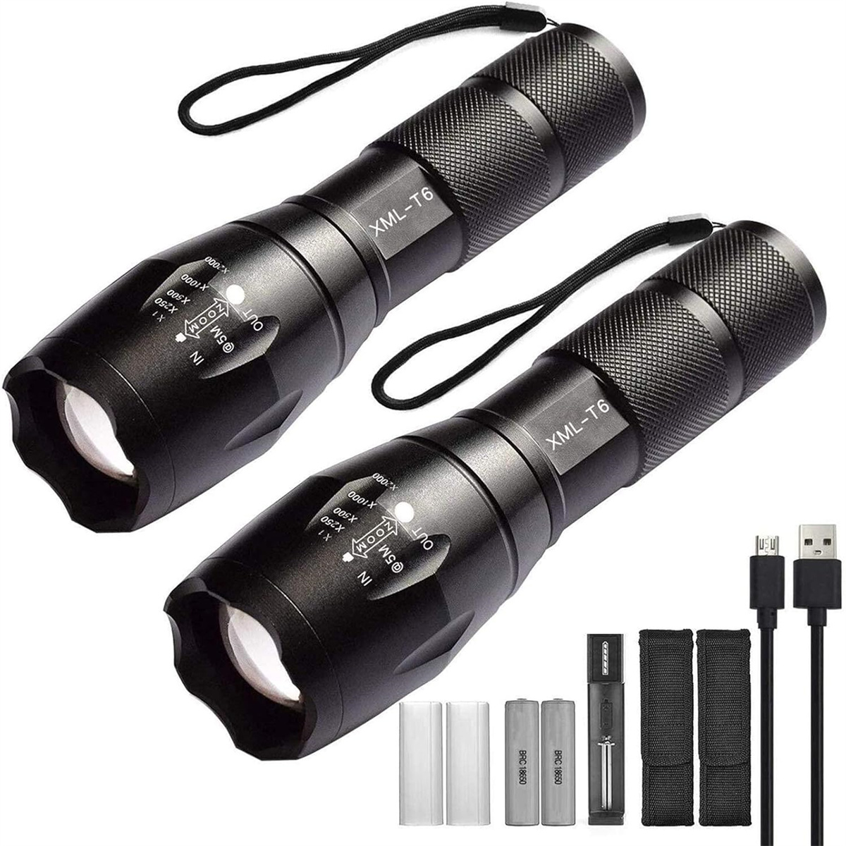 Zwei schwarze Taschenlampen mit Zubehör. Beide haben einen schwarzen Riemen. Der Hintergrund ist weiß.