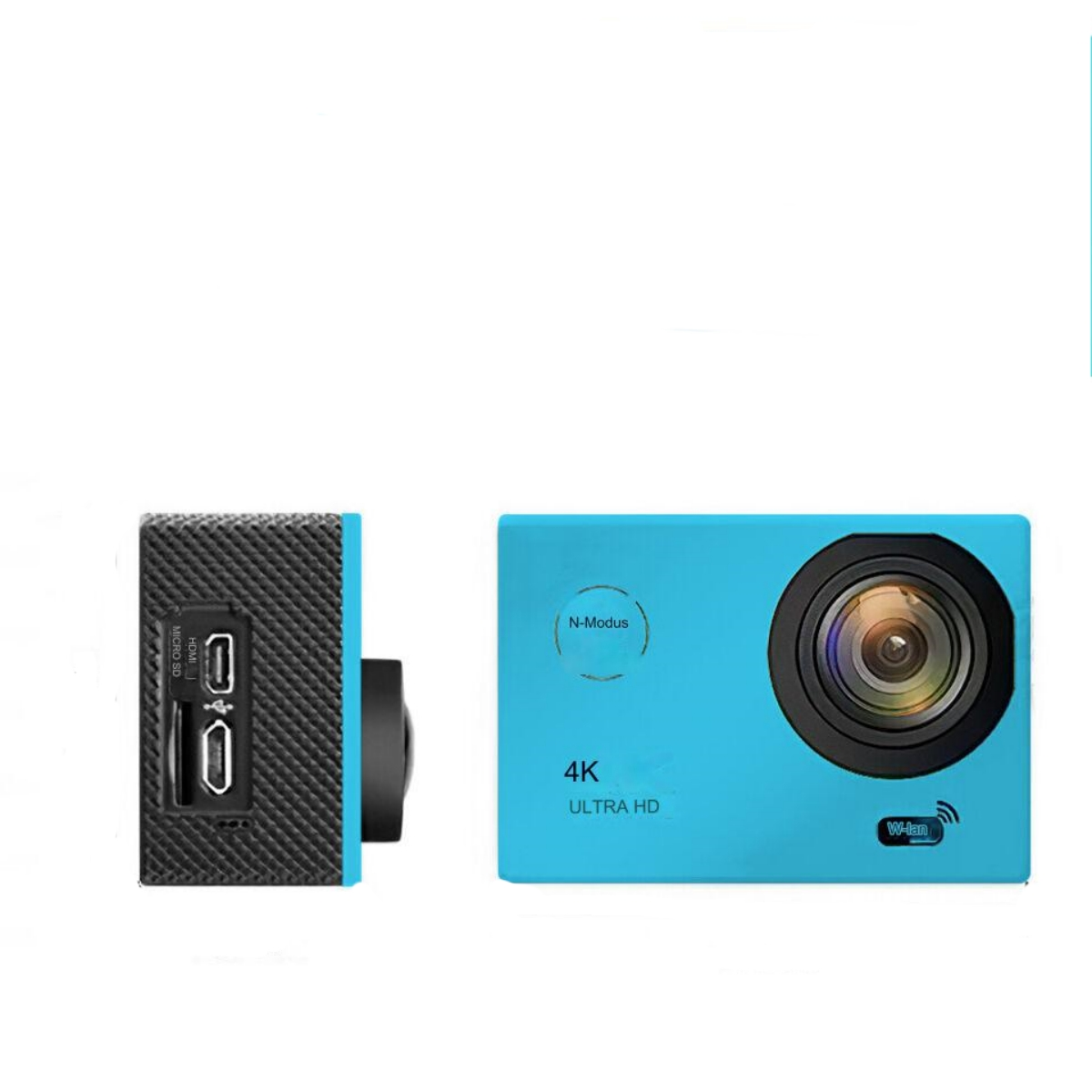 Eine blaue Action-Kamera mit Linse vorne. Schwarz links.