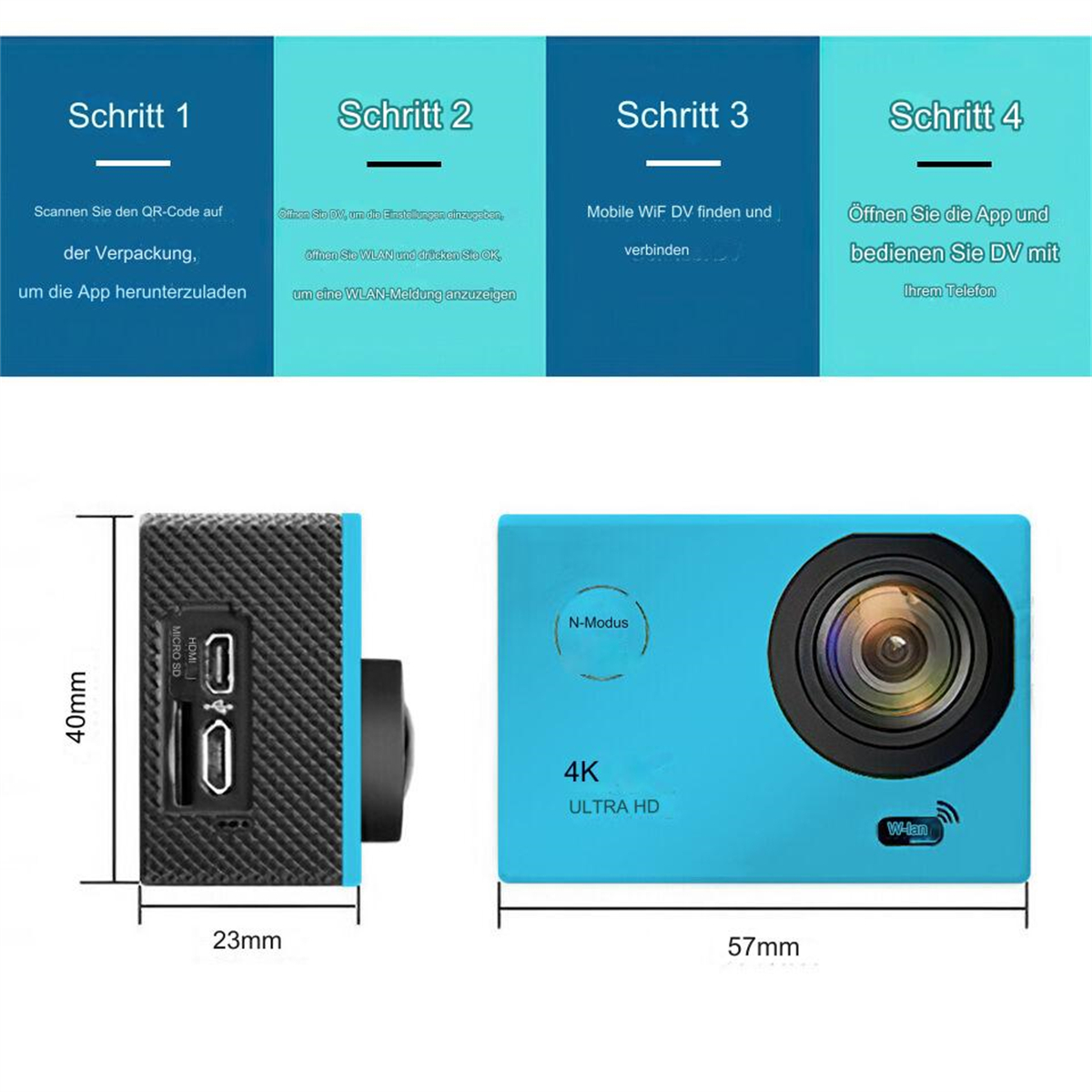 Blaue Action-Kamera mit schwarzem Objektiv. 4 Schritte zur App-Nutzung und Abmessungen.