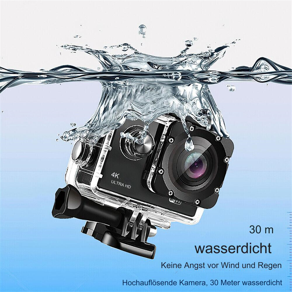 Schwarze wasserdichte Action-Kamera im Wasser. Klare Hülle, schwarze Halterung und Wasser spritzt um die Kamera.