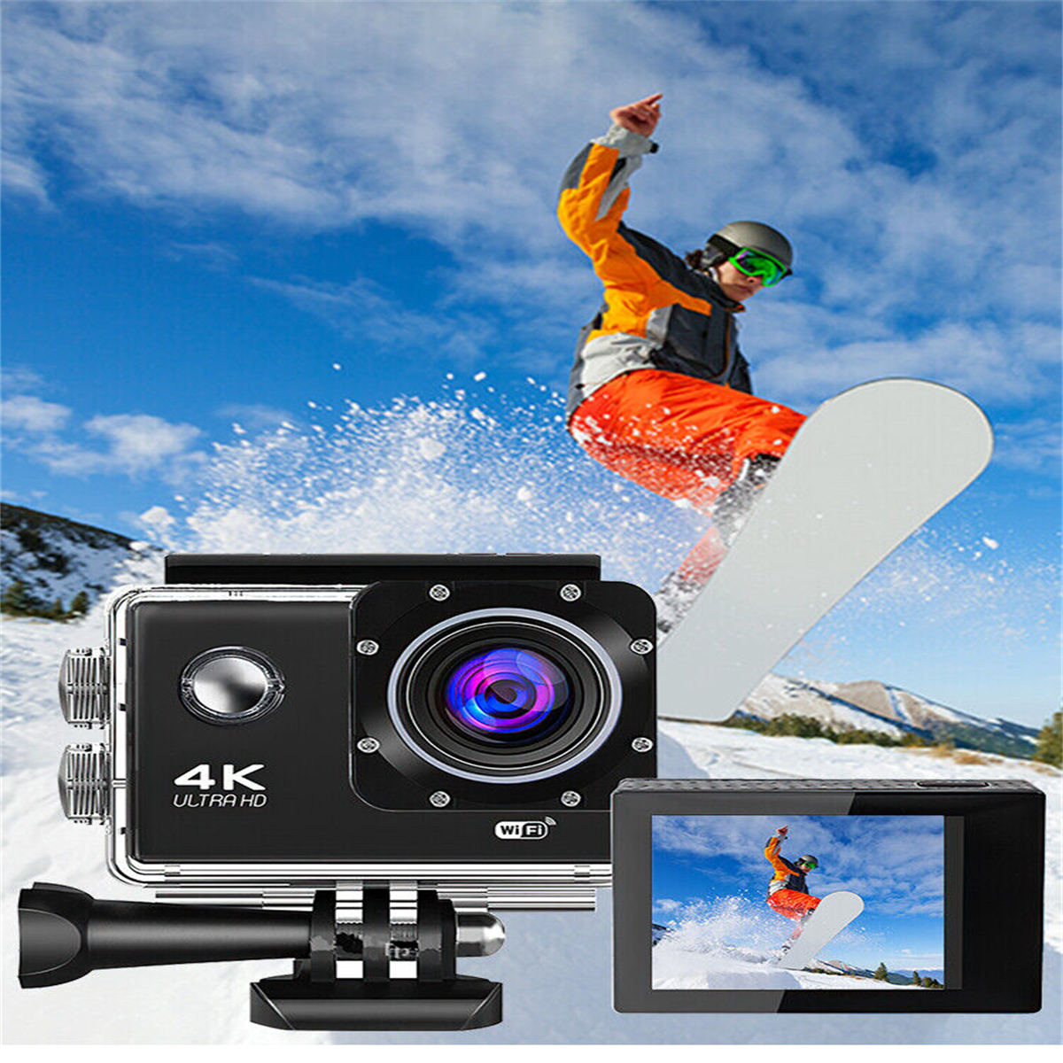 Action-Kamera und ein Bildschirm, der einen Snowboarder zeigt. Im Hintergrund ein Snowboarder.