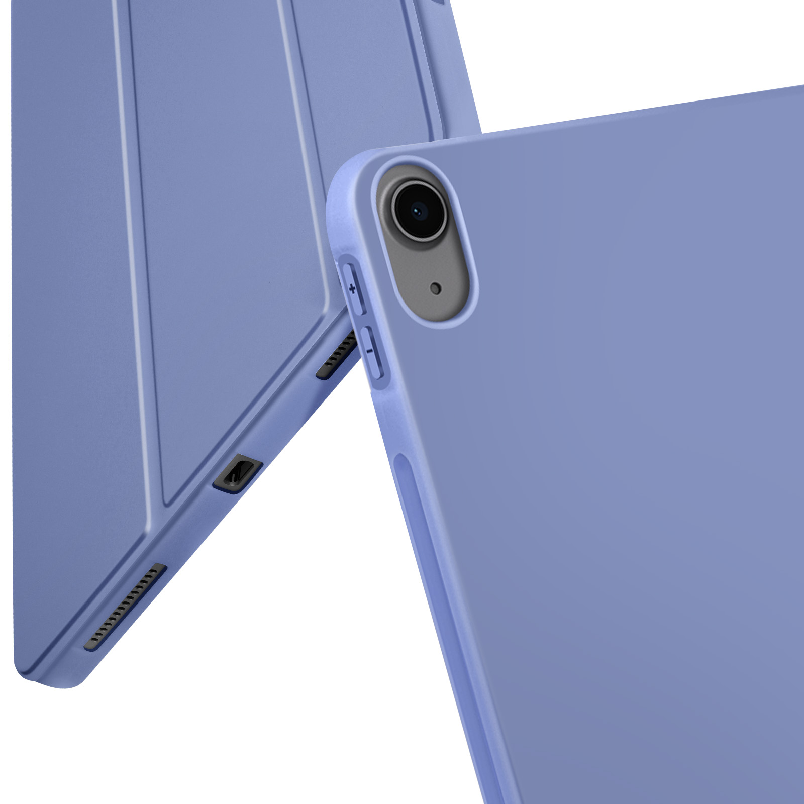 Custodia per tablet viola, che mostra fotocamera, pulsanti e parte del tablet.