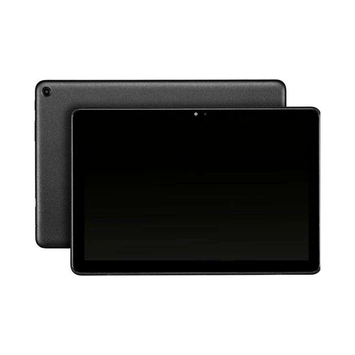 Schwarzes Tablet mit Frontkamera, links ist die Rückseite eines anderen Tablets zu sehen.