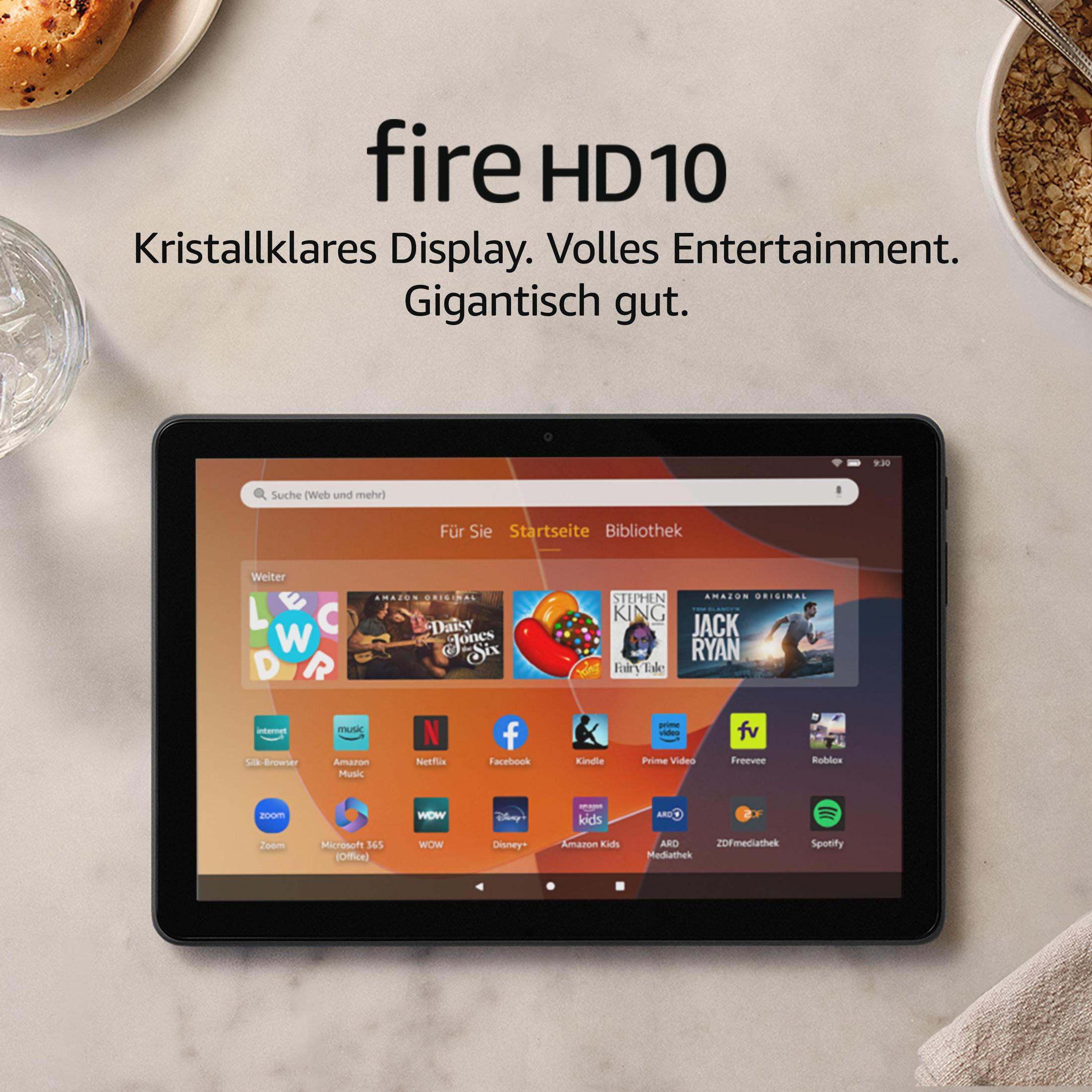 Tablet mit Startbildschirm, mit Lebensmitteln im Hintergrund.