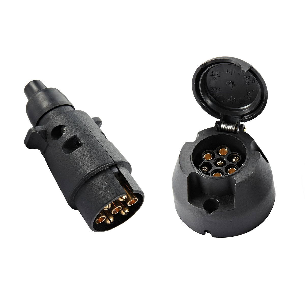 Zwei schwarze Anhängerstecker. Ein Stecker, eine Kupplung mit geöffneter Kappe, um die Stifte zu zeigen.
