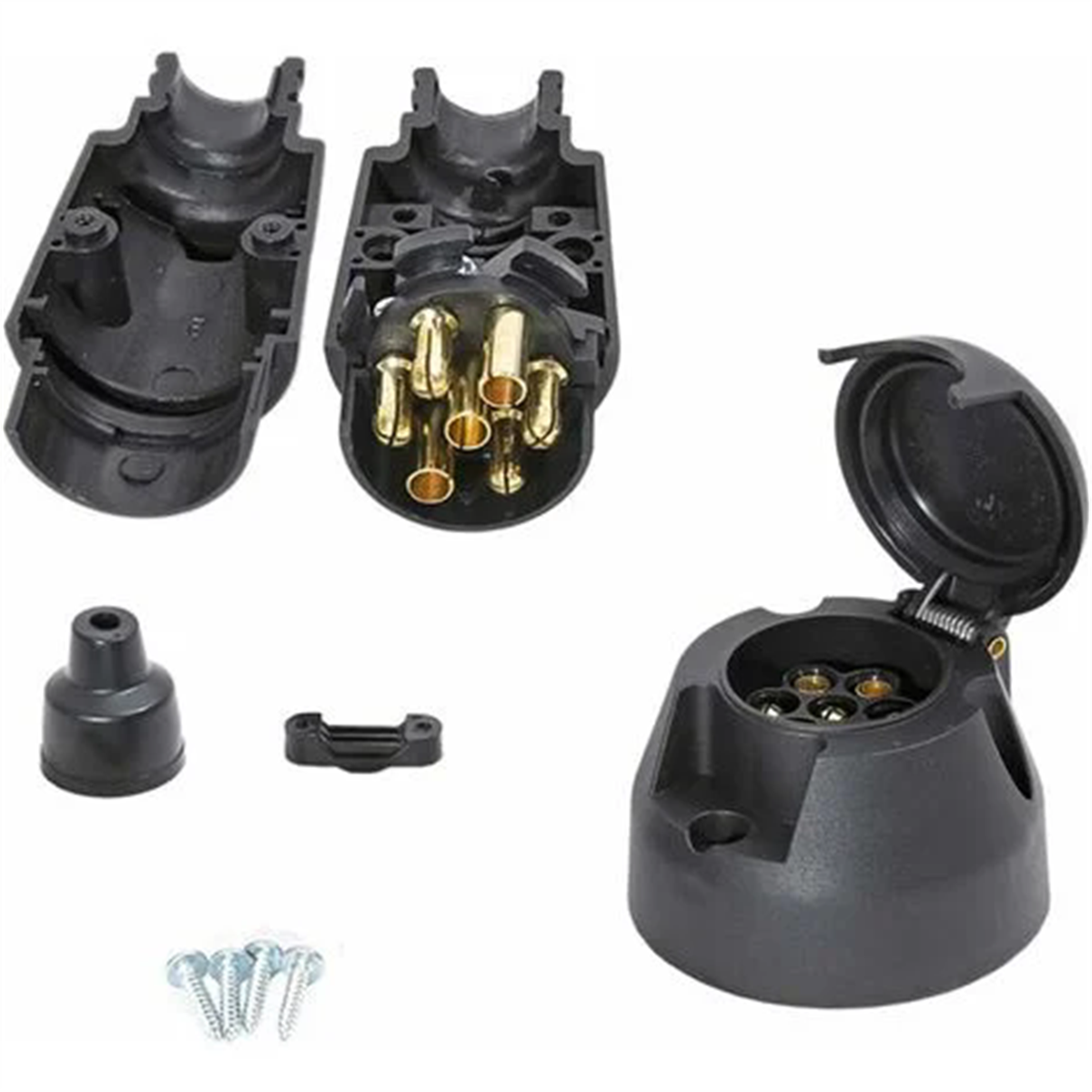 Schwarze Anhängersteckerteile, getrennt. Enthält Stecker und Buchse mit sichtbaren Goldstiften.