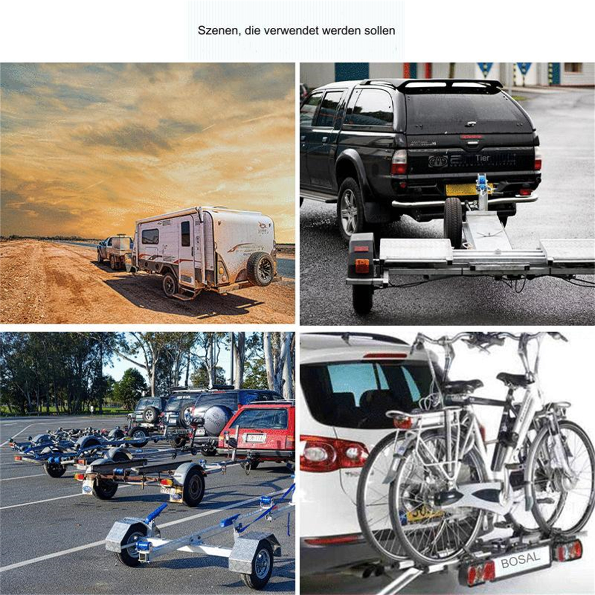 Bilder von Fahrzeugen, darunter Anhänger, Autos und ein Fahrradträger, die den Transport zeigen.