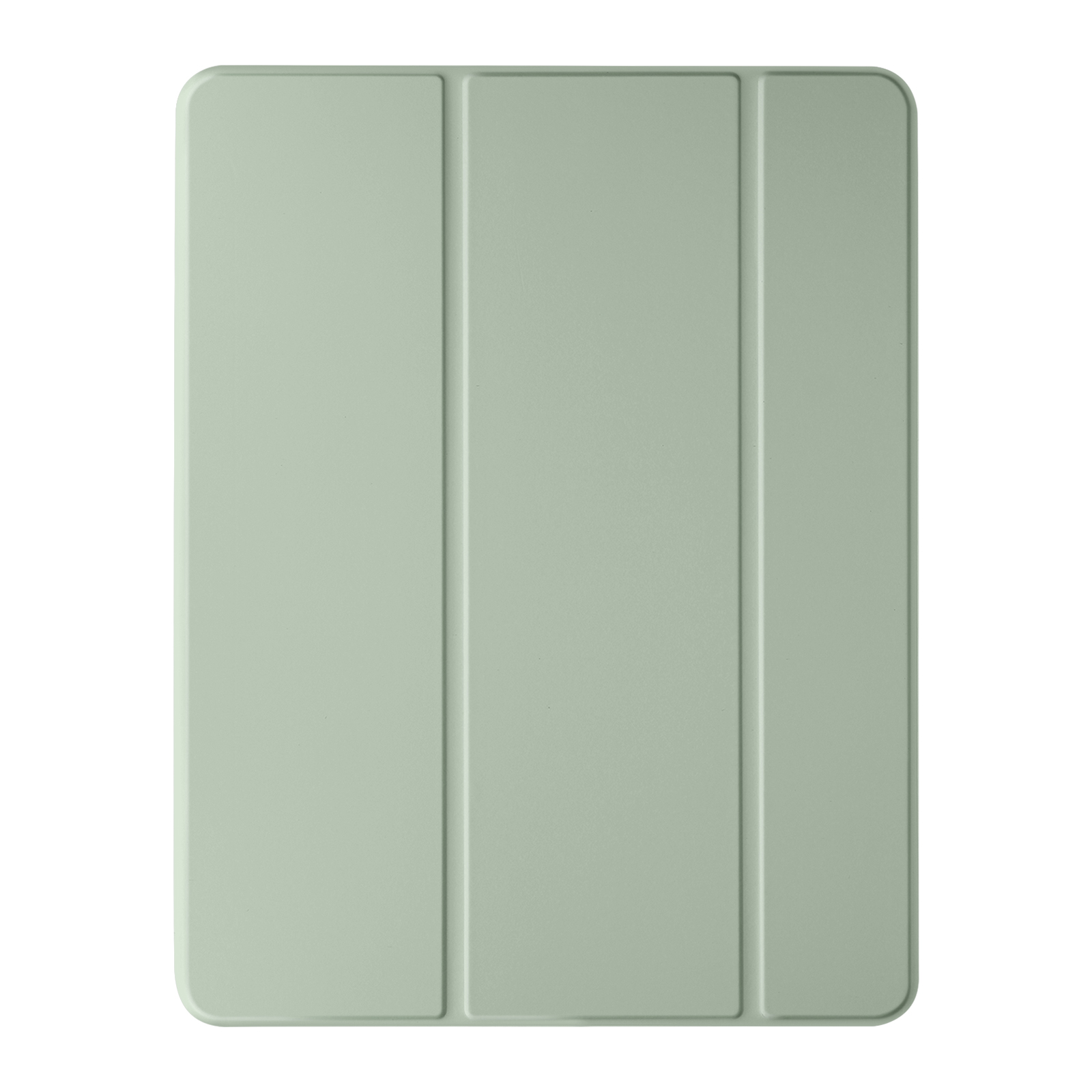 Una custodia per tablet verde chiaro con tre pannelli. Sfondo bianco.