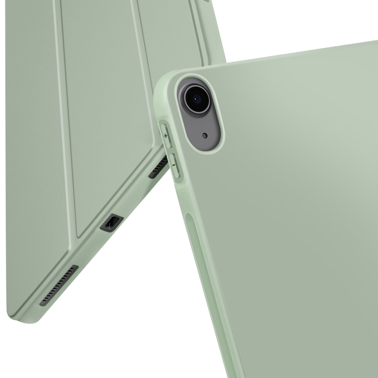 Primo piano di un tablet verde con la sua custodia, che mostra la fotocamera e i pulsanti.